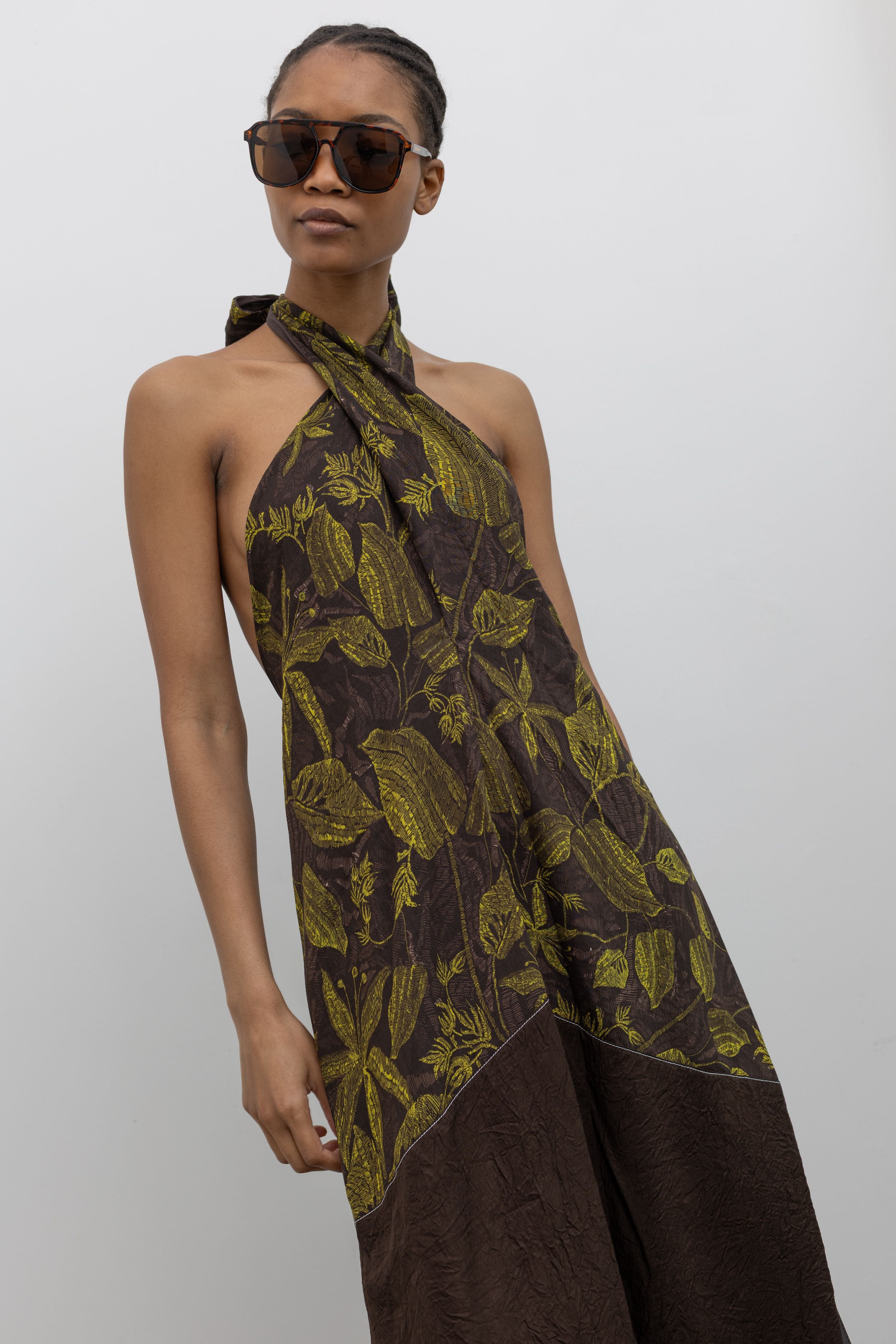 Olive Green and Choco Print Halter Neck Midi Dress M Olive Green and Choco Print Halter Neck Midi Dress M