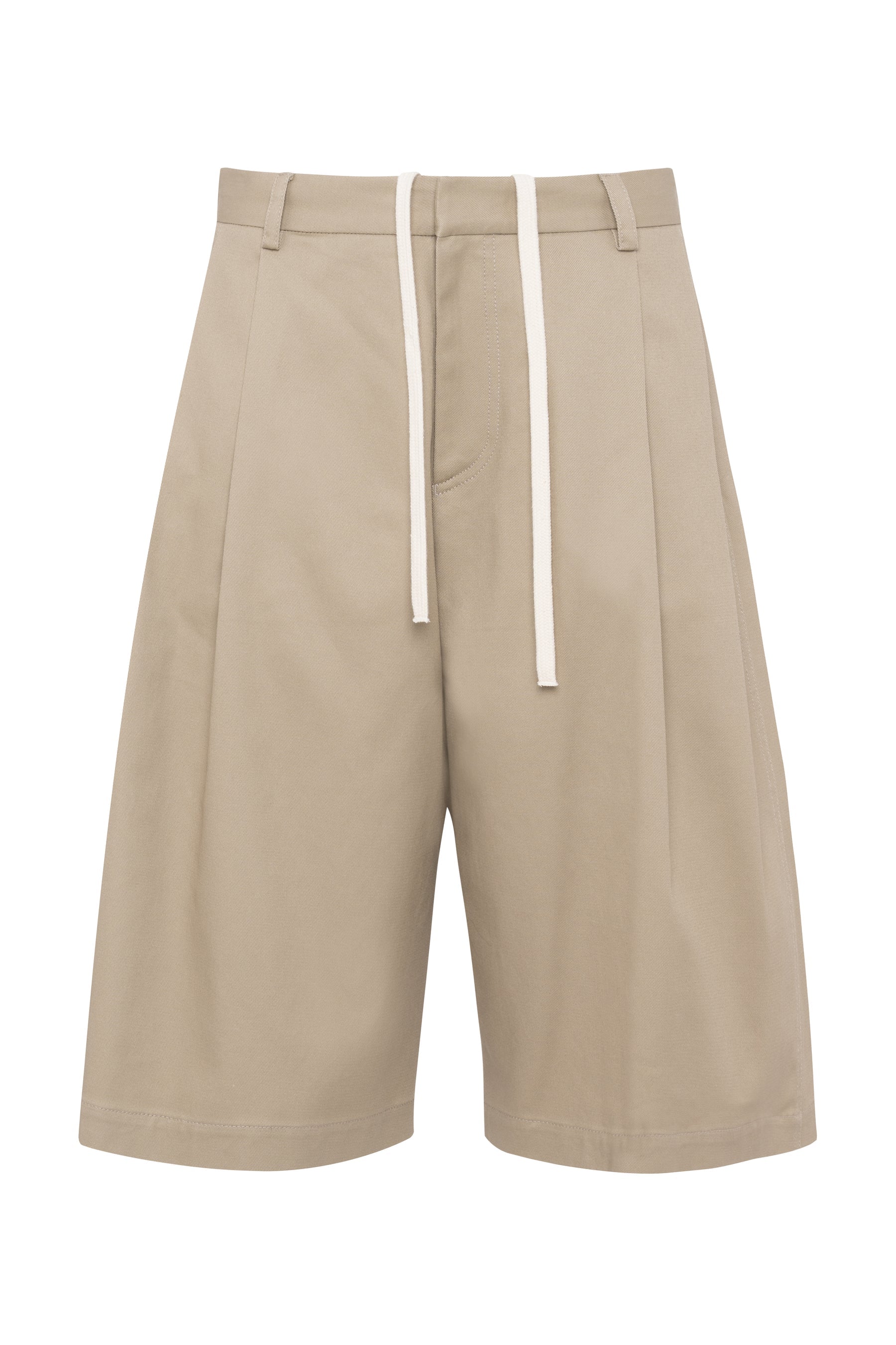 Product view of Tela Sand Cotton Gabardine Bermuda Shorts with draw string and belt loops at Alas Eius 