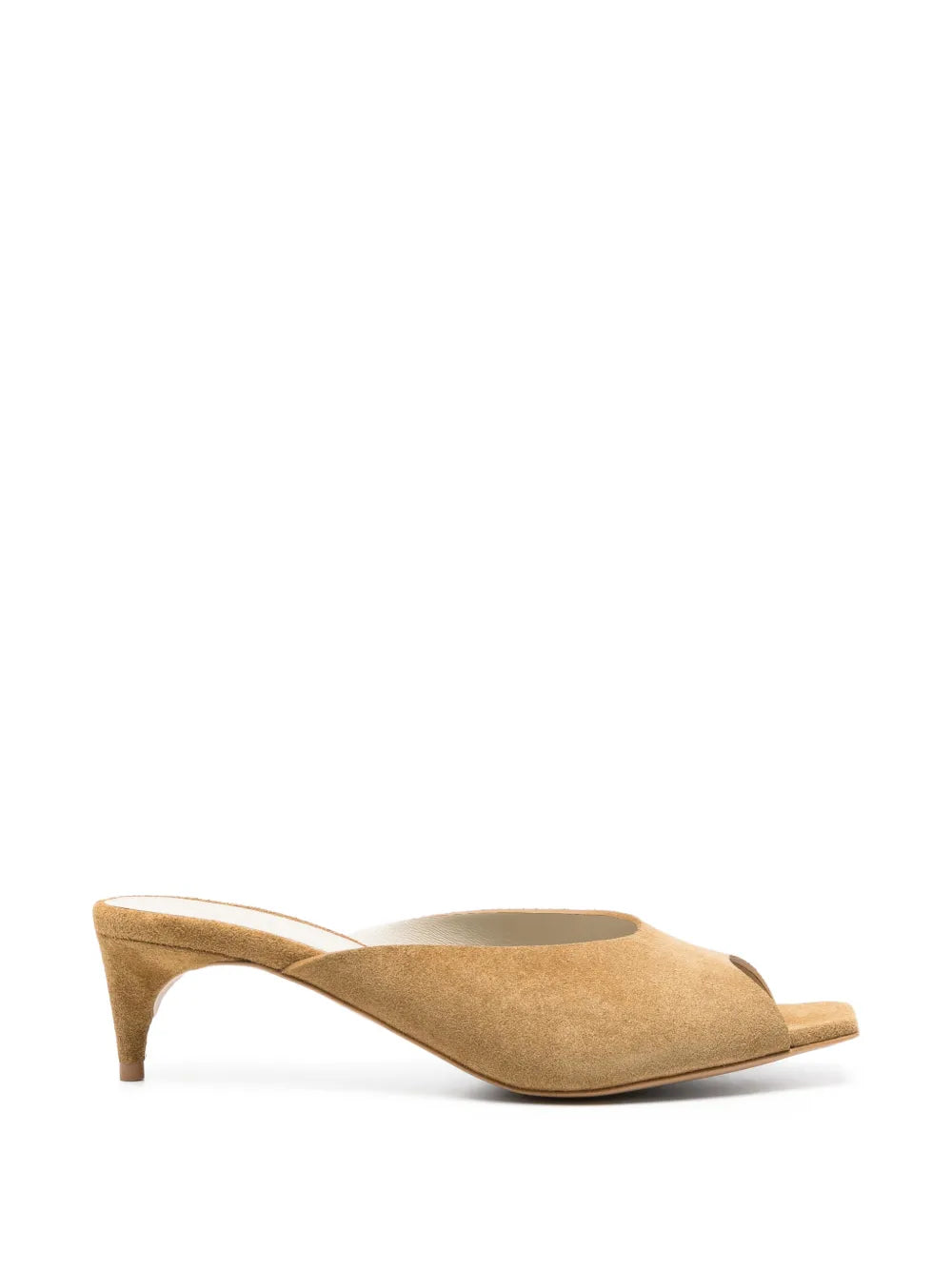 Side view of contemporary women's spring footwear fashion in Tela Feng Mustard Leather Peep Toe Heeled Mule Sandals at Alas Eius.