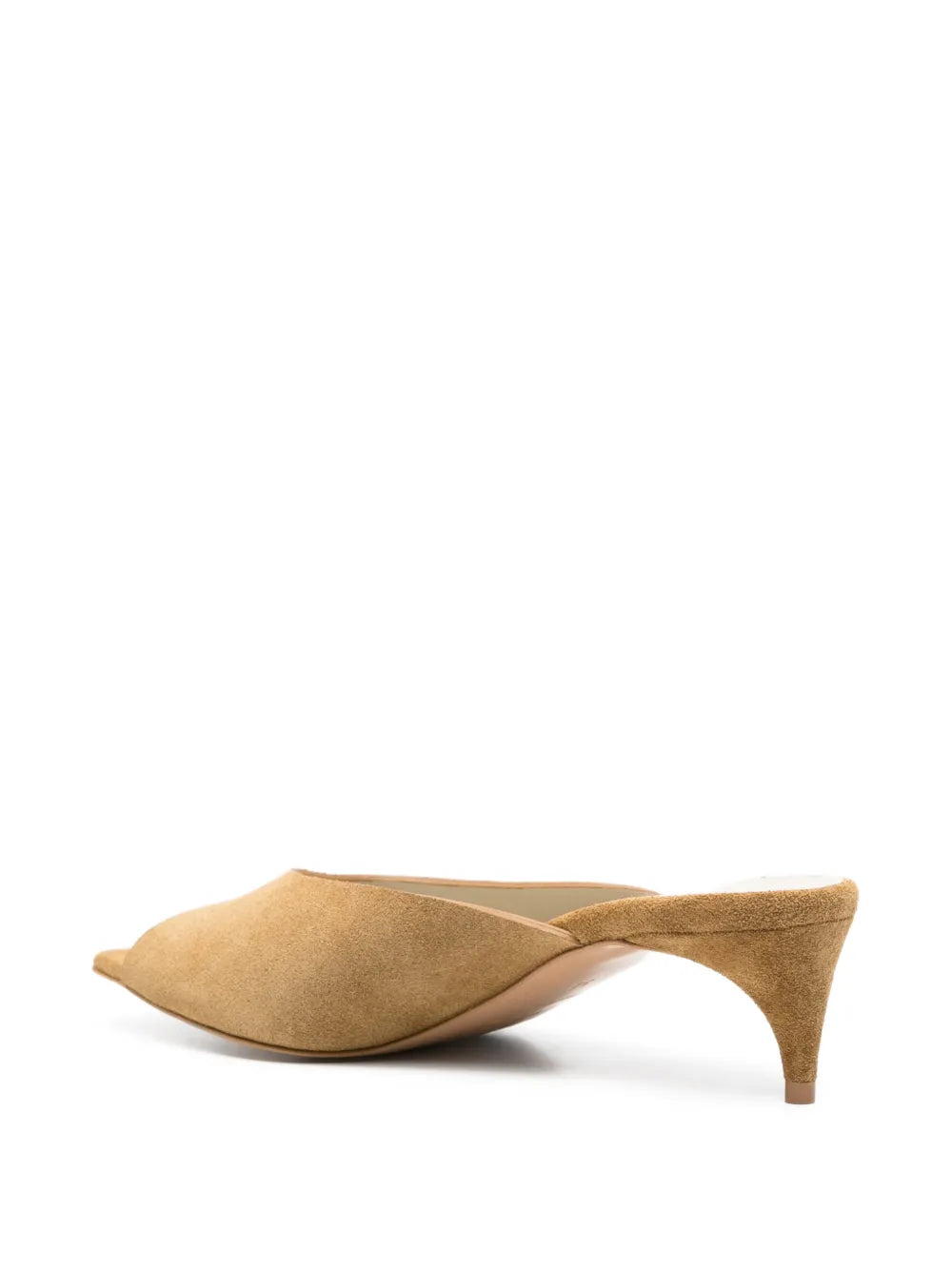 Side view of contemporary women's spring footwear fashion in Tela Feng Mustard Leather Heeled Sandals featuring a squared peep toe and mid-height heel at Alas Eius.