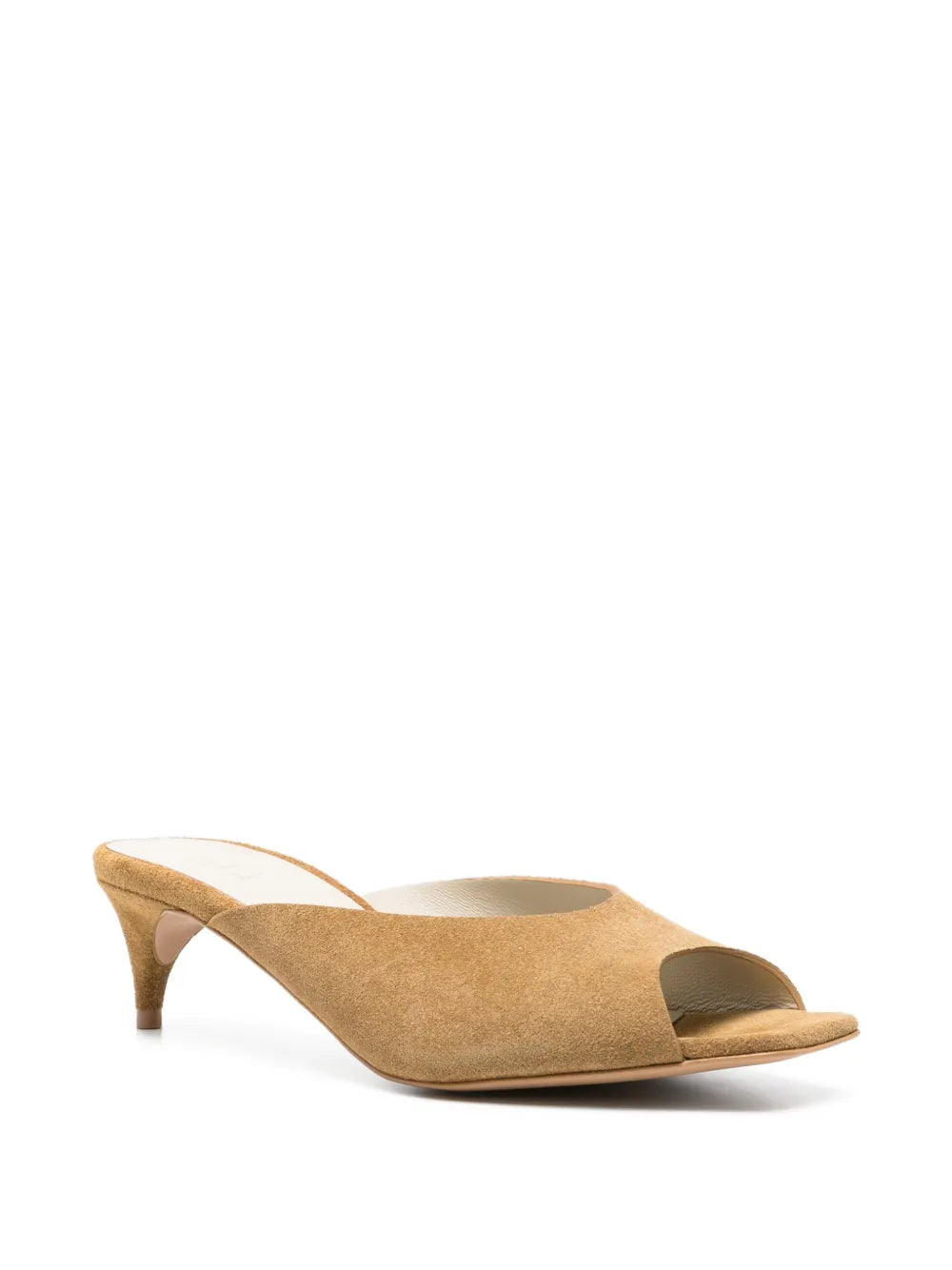 3/4 view of chic and minimalist women's spring footwear in Tela Feng Mustard Leather Heeled Sandals featuring a squared peep toe and mid-height heel at Alas Eius.