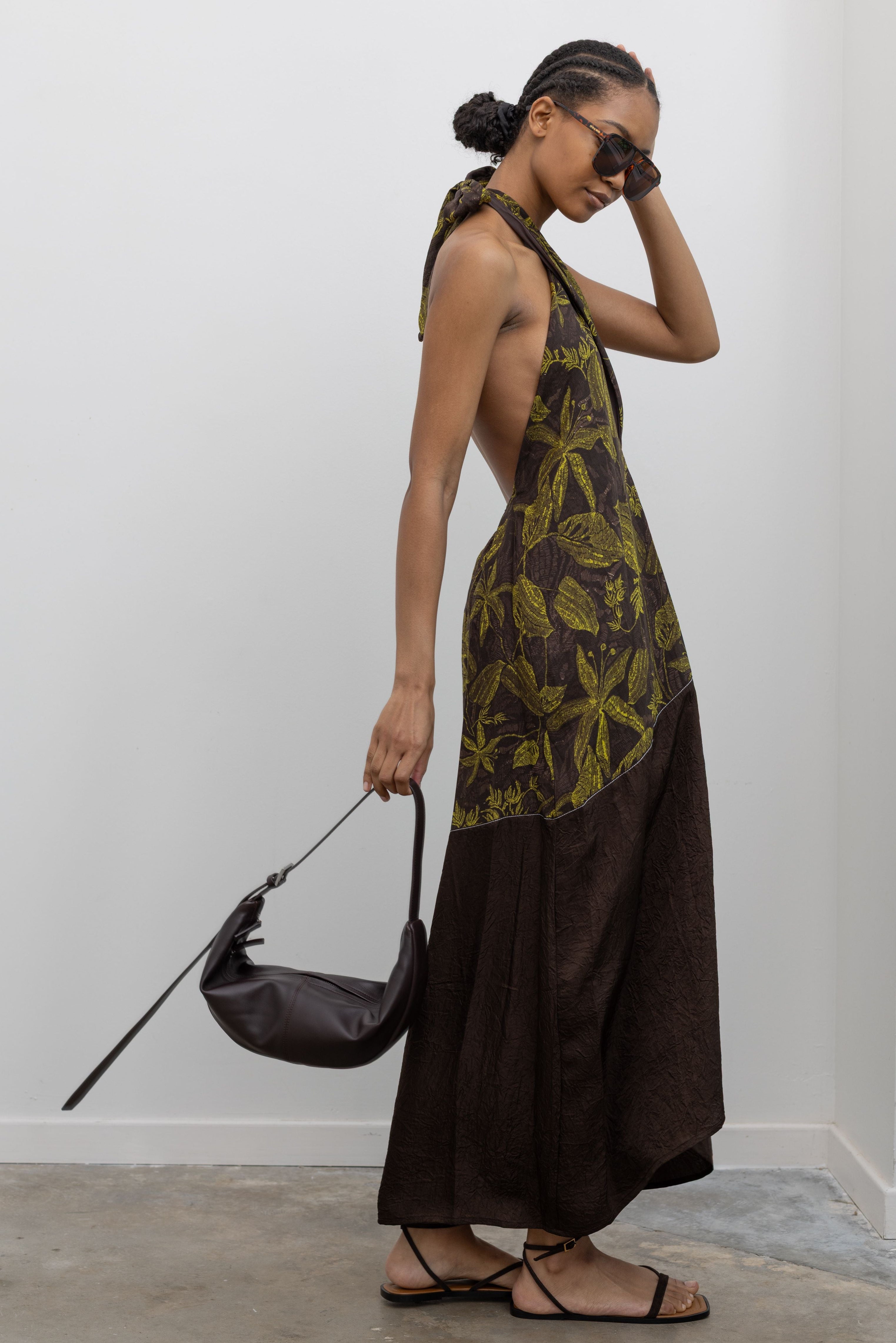 Olive Green and Choco Print Halter Neck Midi Dress M Olive Green and Choco Print Halter Neck Midi Dress M