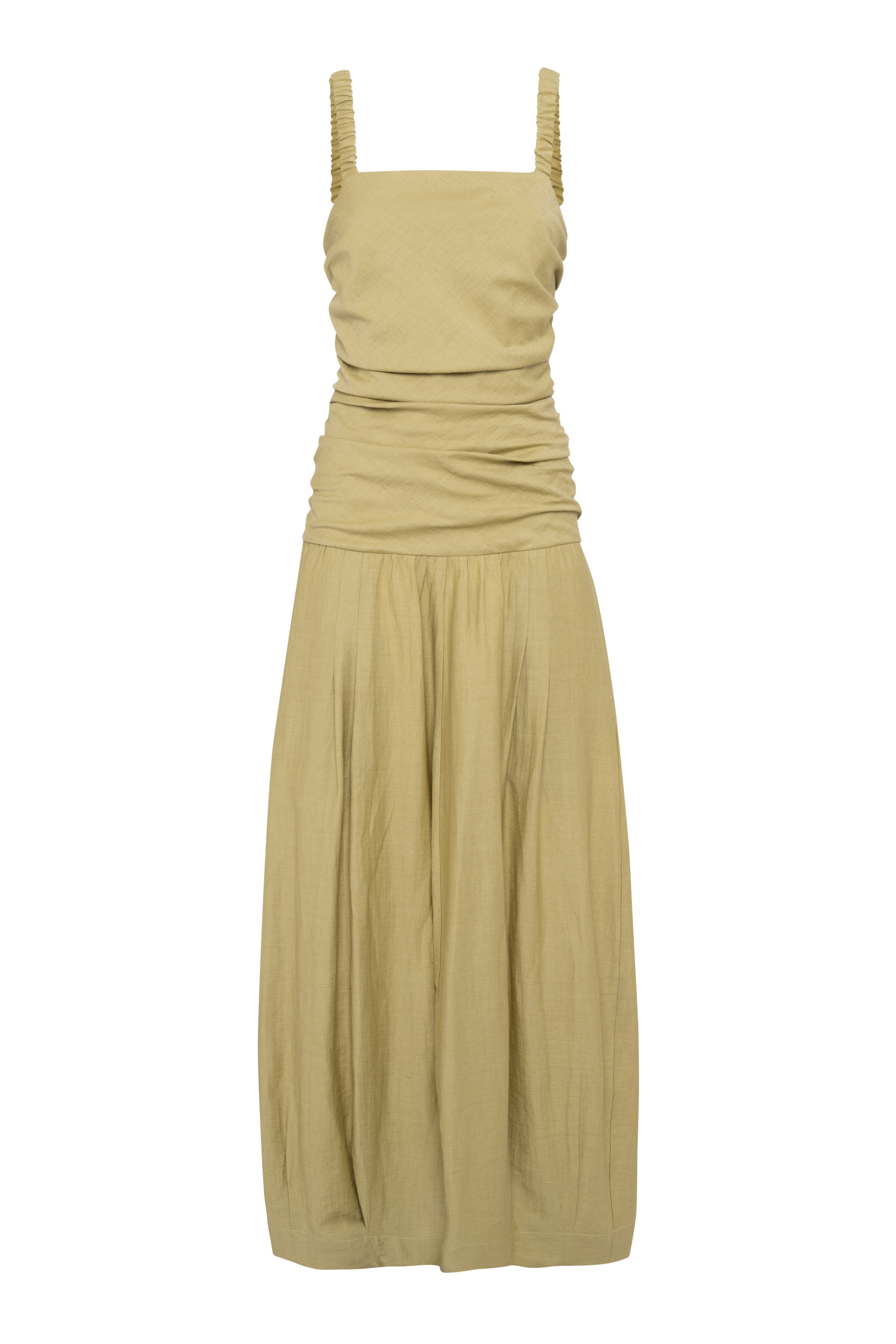 Front view of the Tela label Pistachio Green Ruched Dress on white background at Alas Eius