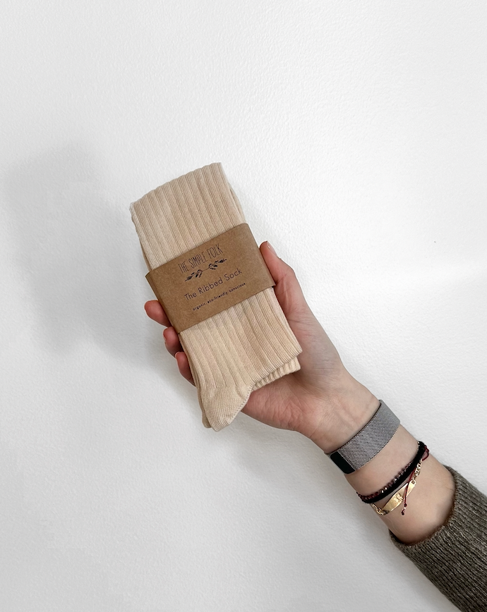 The Simple Folk oatmeal ribbed organic cotton socks at Alas Eius
