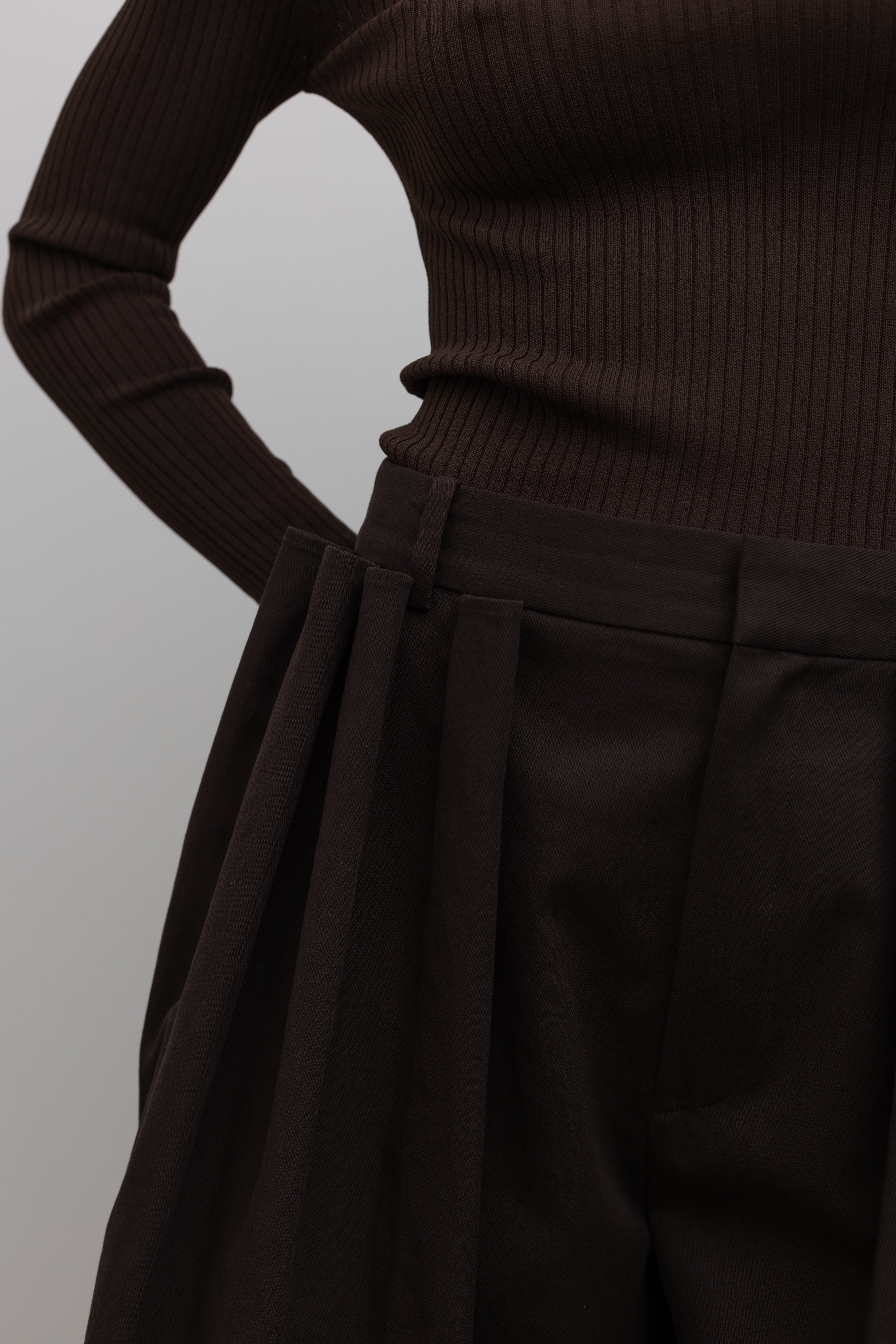 Detailed product view of Spring fashion in a brown ribbed sweater and Tibi Brown Luxe Spring Twill Tucked Pleated Wide Leg Short at Alas Eius
