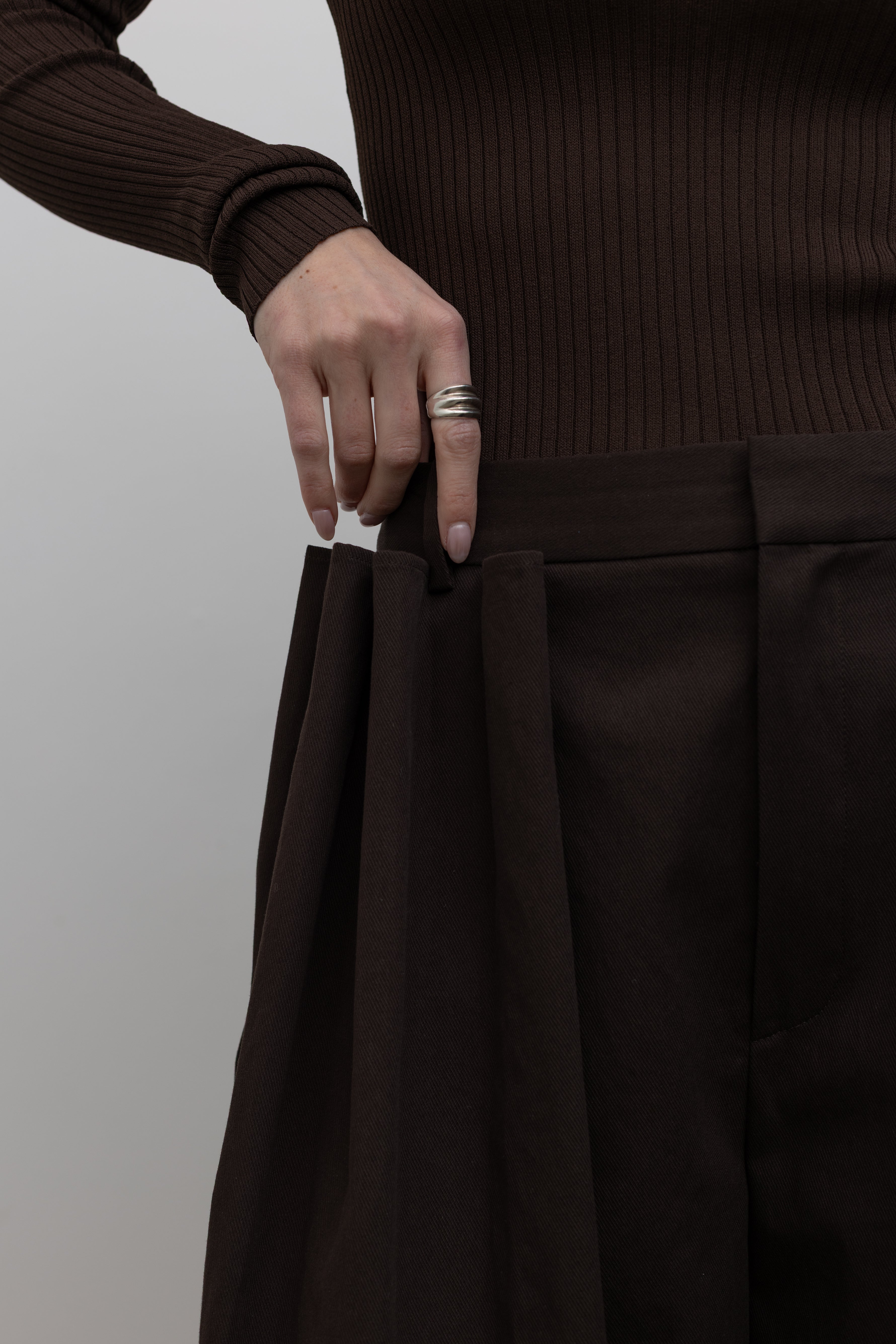 Detailed view of Spring fashion Tibi Brown Luxe Spring Twill Tucked Pleated Wide Leg Short at Alas Eius
