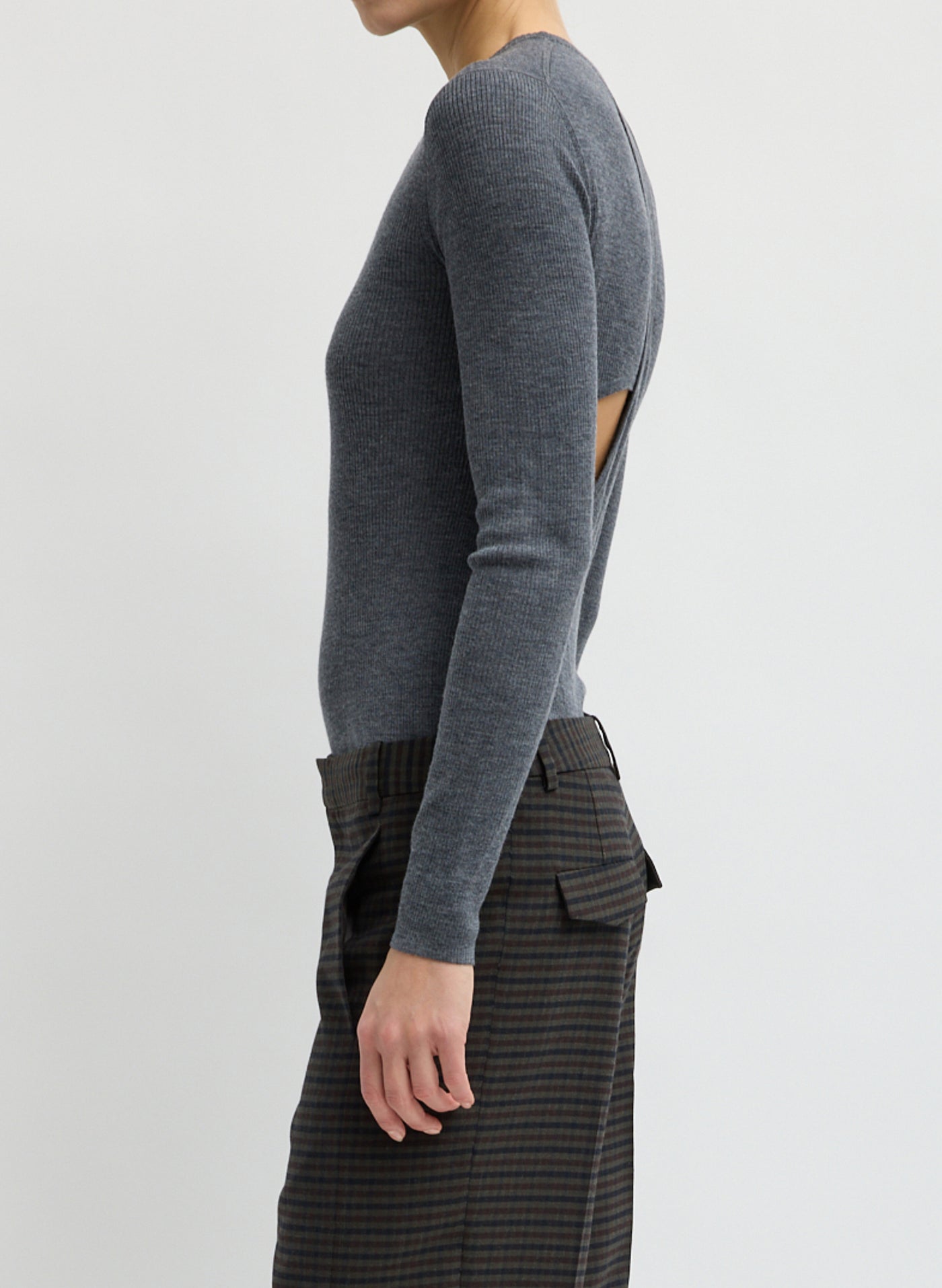 Tibi back detailed merino wool knit top in a soft ribbed texture at Alas Eius