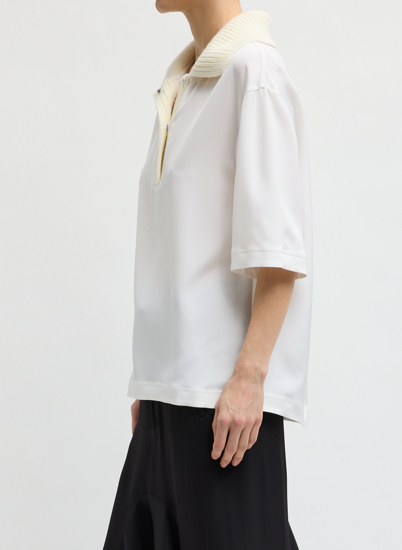 Tibi cocoon shaped silk and nylon stretch jacket with handmade macramé trim at Alas Eius