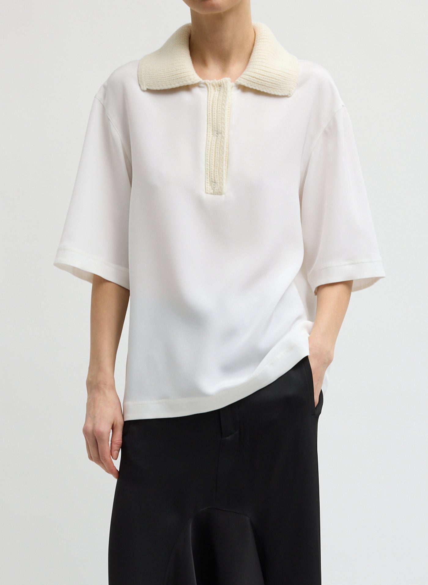 Tibi silk and nylon stretch jacket with handmade macramé trim and wool ribbed collar at Alas Eius