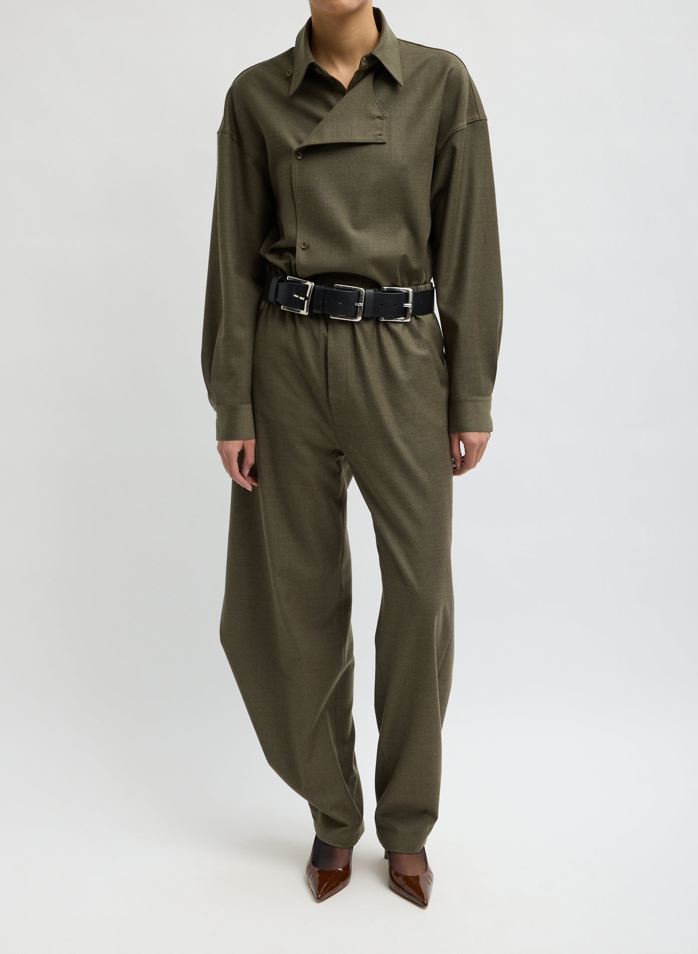 Tibi wool flannel pull on trousers with sculpted silhouette and pegged leg at Alas Eius