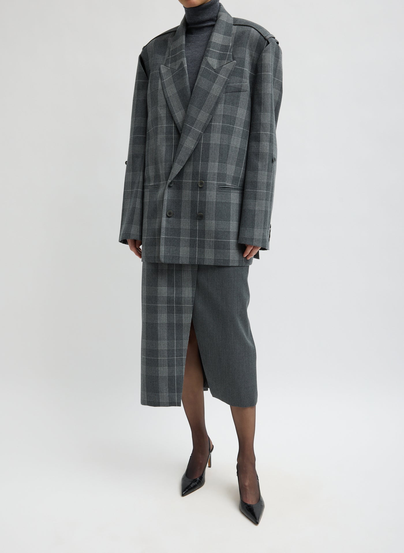 Tibi wool plaid double breasted blazer with structured shoulder pads at Alas Eius