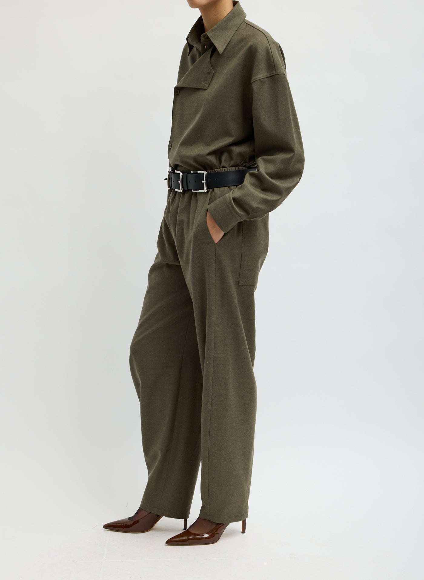 Tibi wool rich flannel trousers with easy waistband and belt loops at Alas Eius