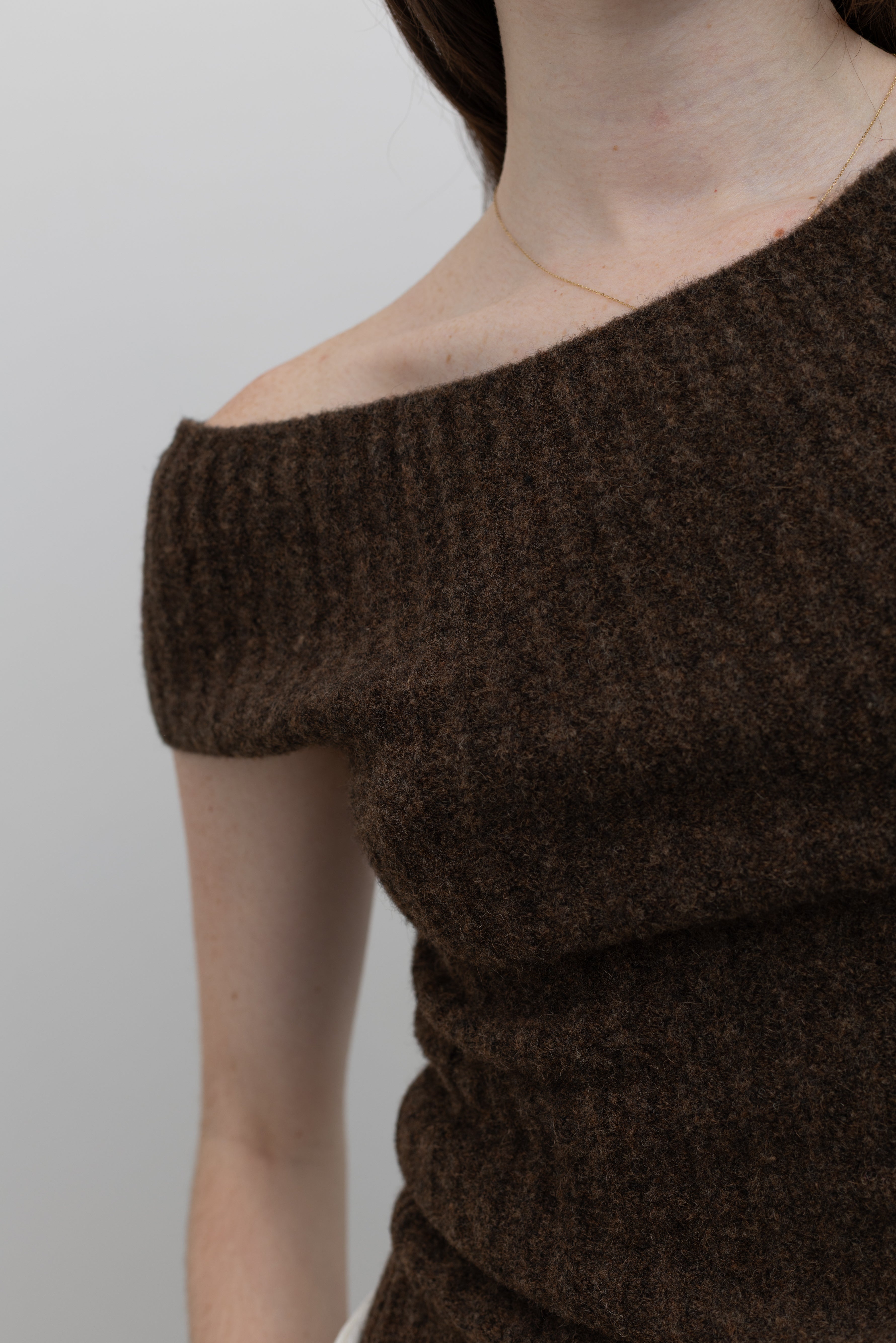 Brown Off Shoulder Wool Knit Top