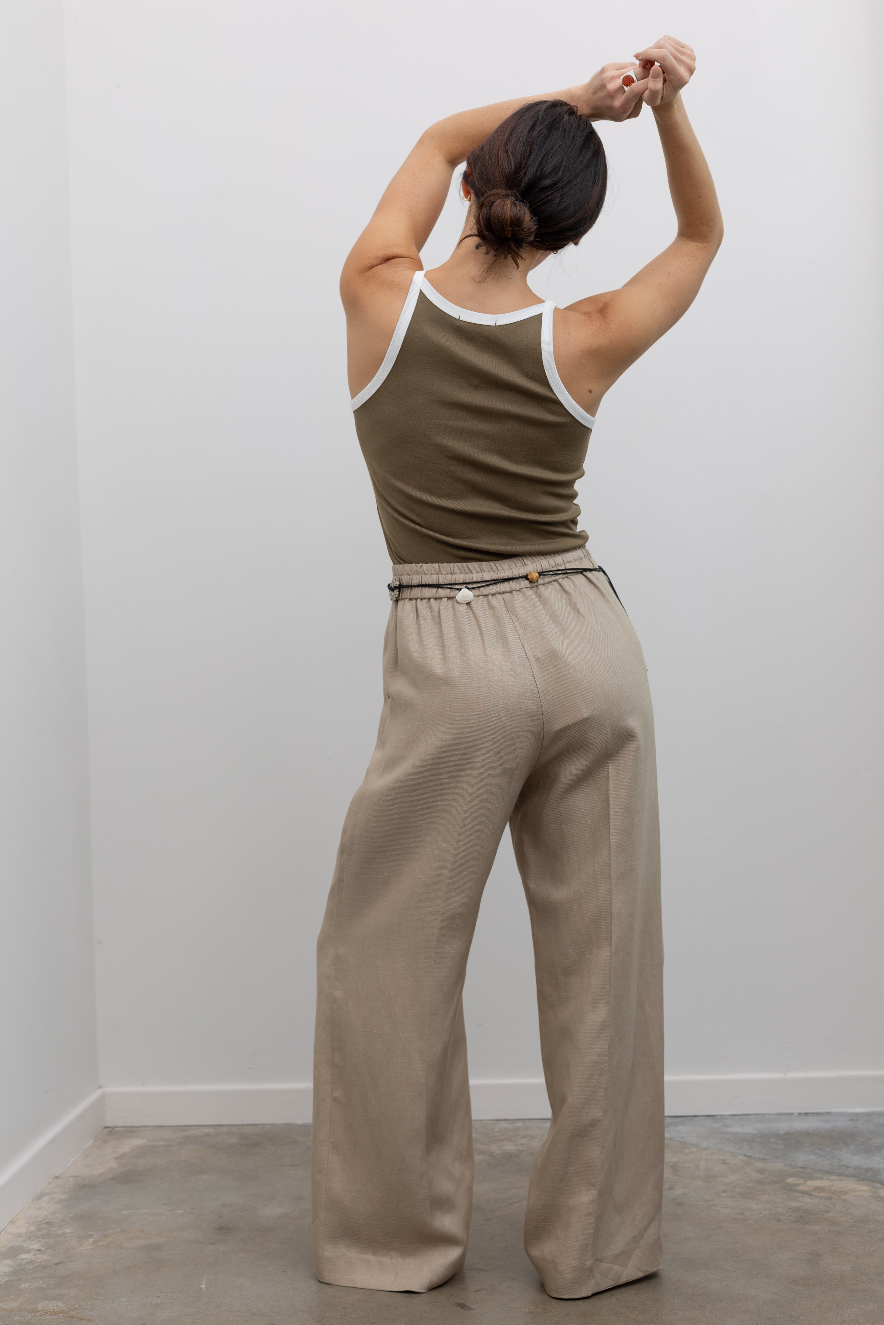 Beige Linen Drawstring Trousers