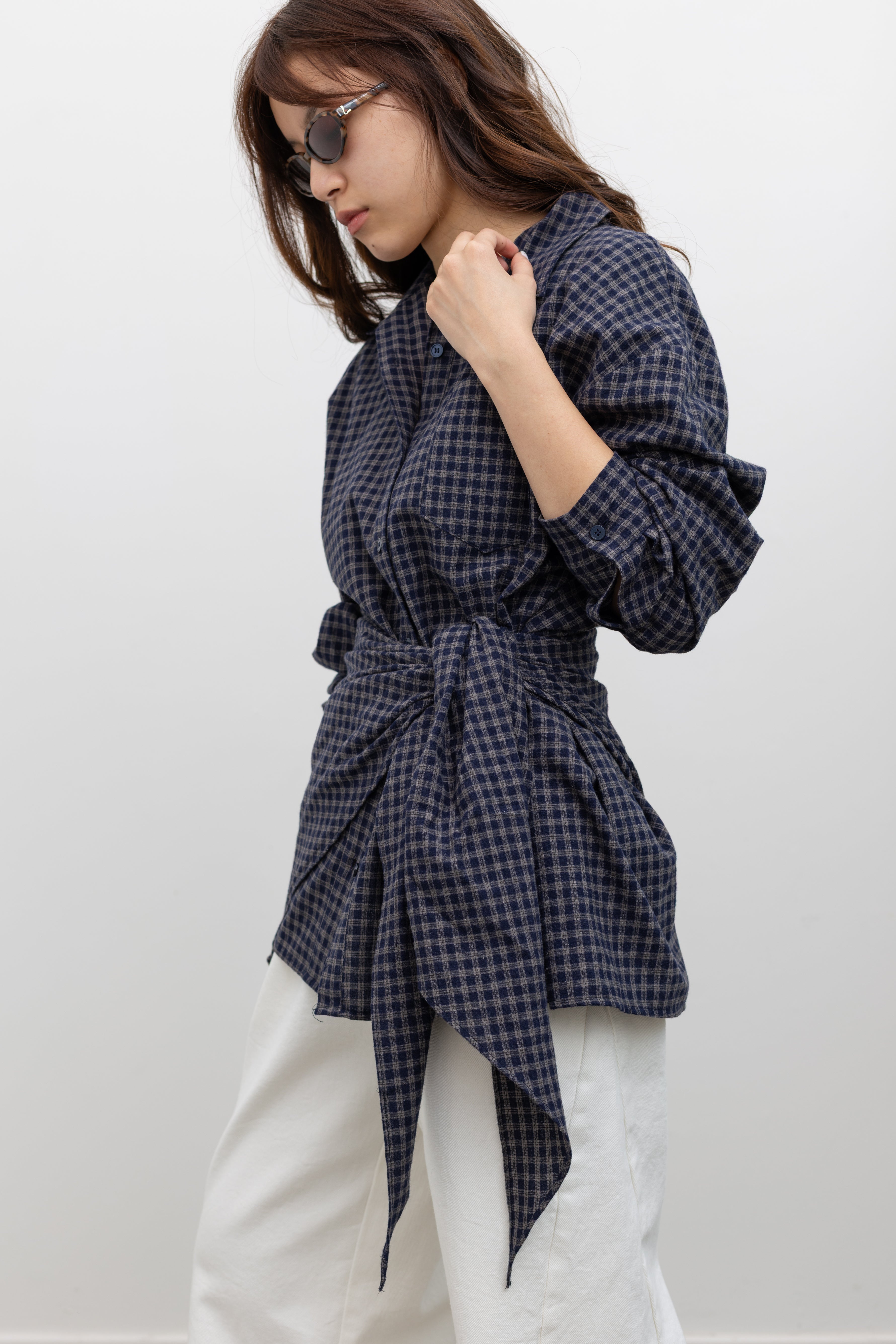 Alas Eius label navy blue and tan blurred plaid cotton button-down featuring a classic relaxed silhouette and matching detachable bandana scarf for versatile everyday styling.