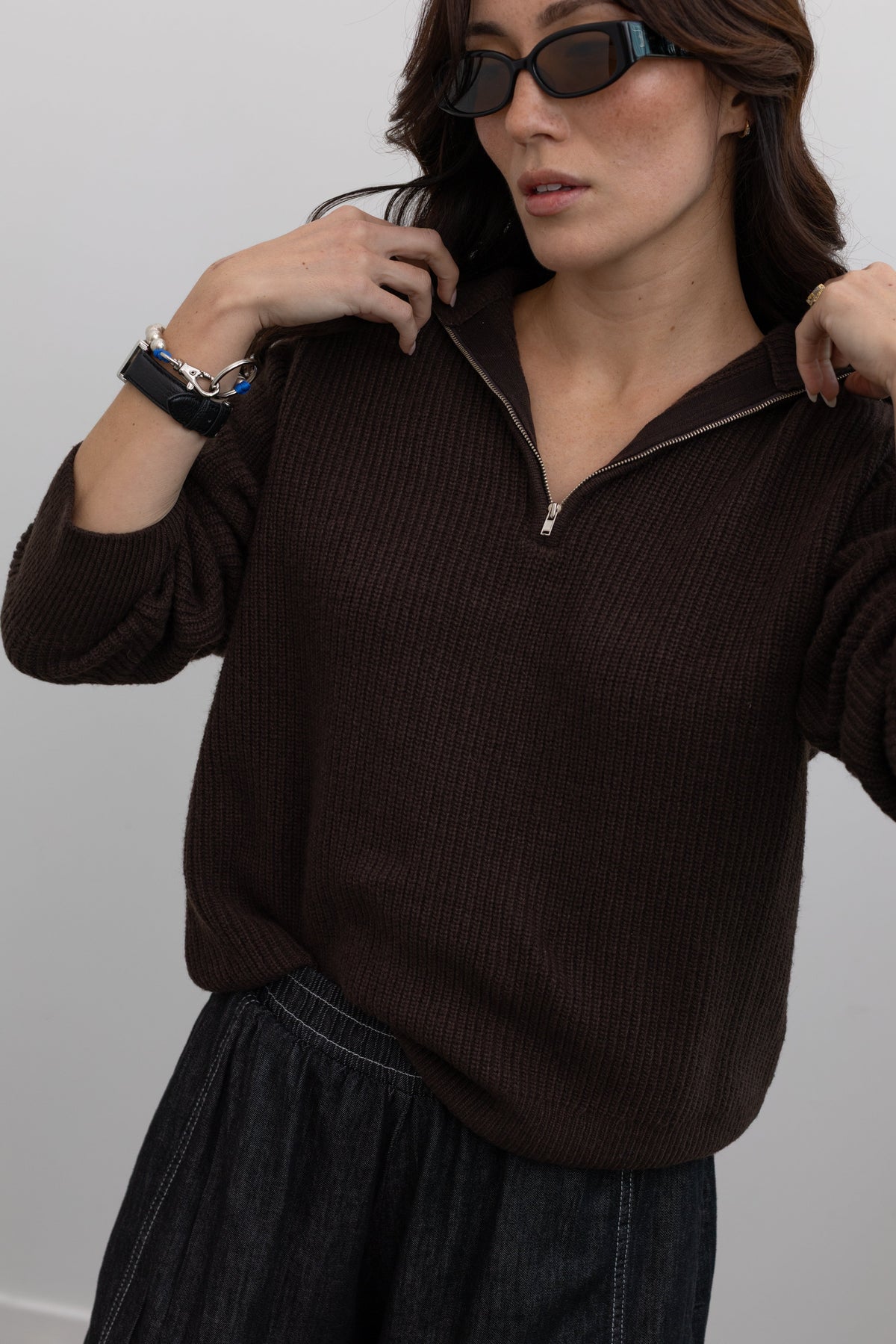 Brown Ribbed Half Zip Sweater