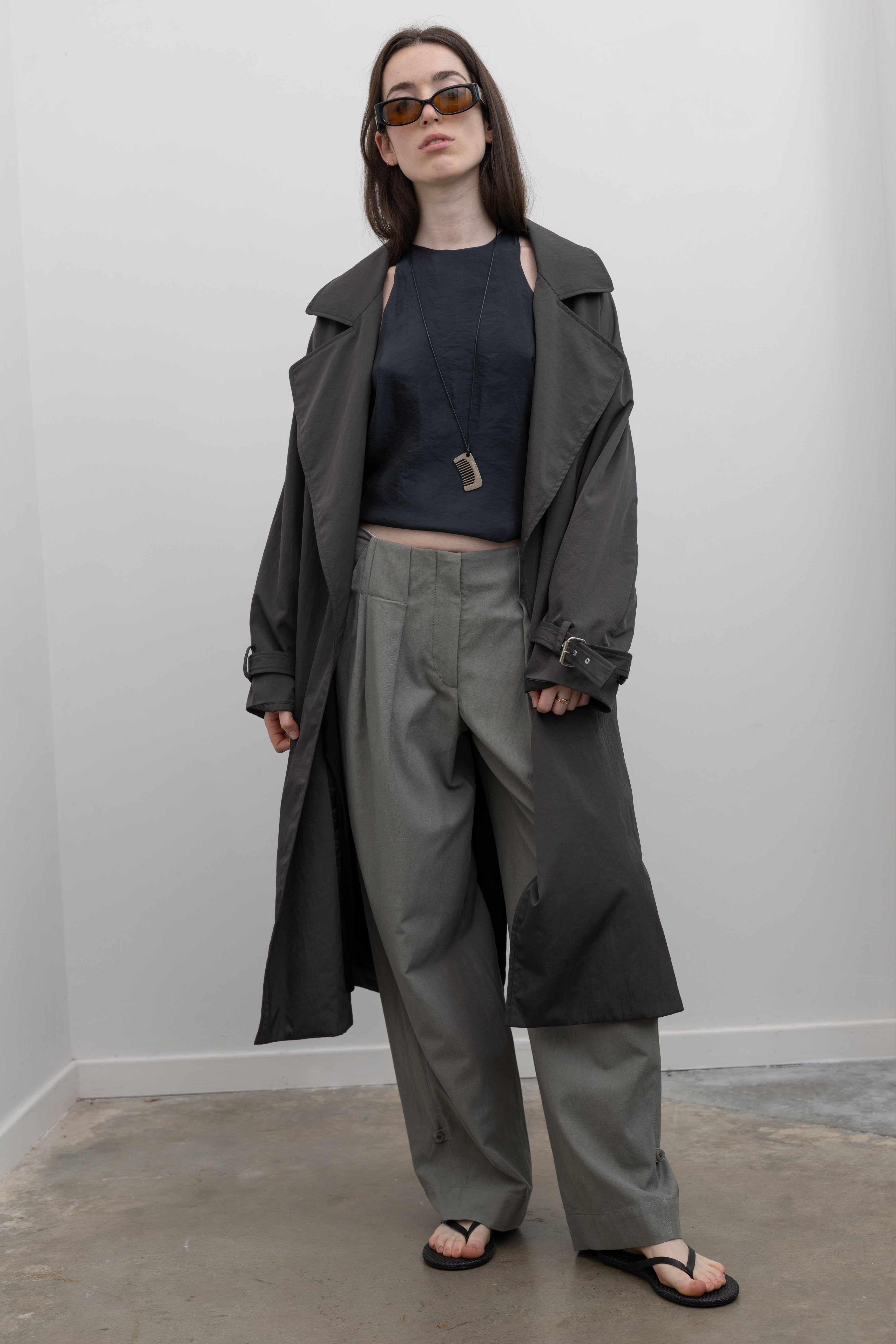 Charcoal Nylon Oversized Trench