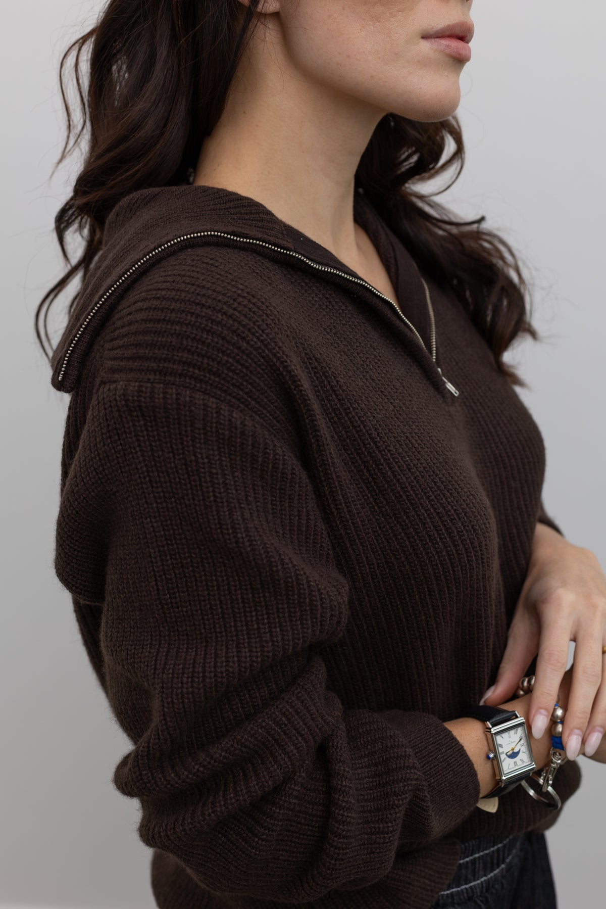 Brown Ribbed Half Zip Sweater