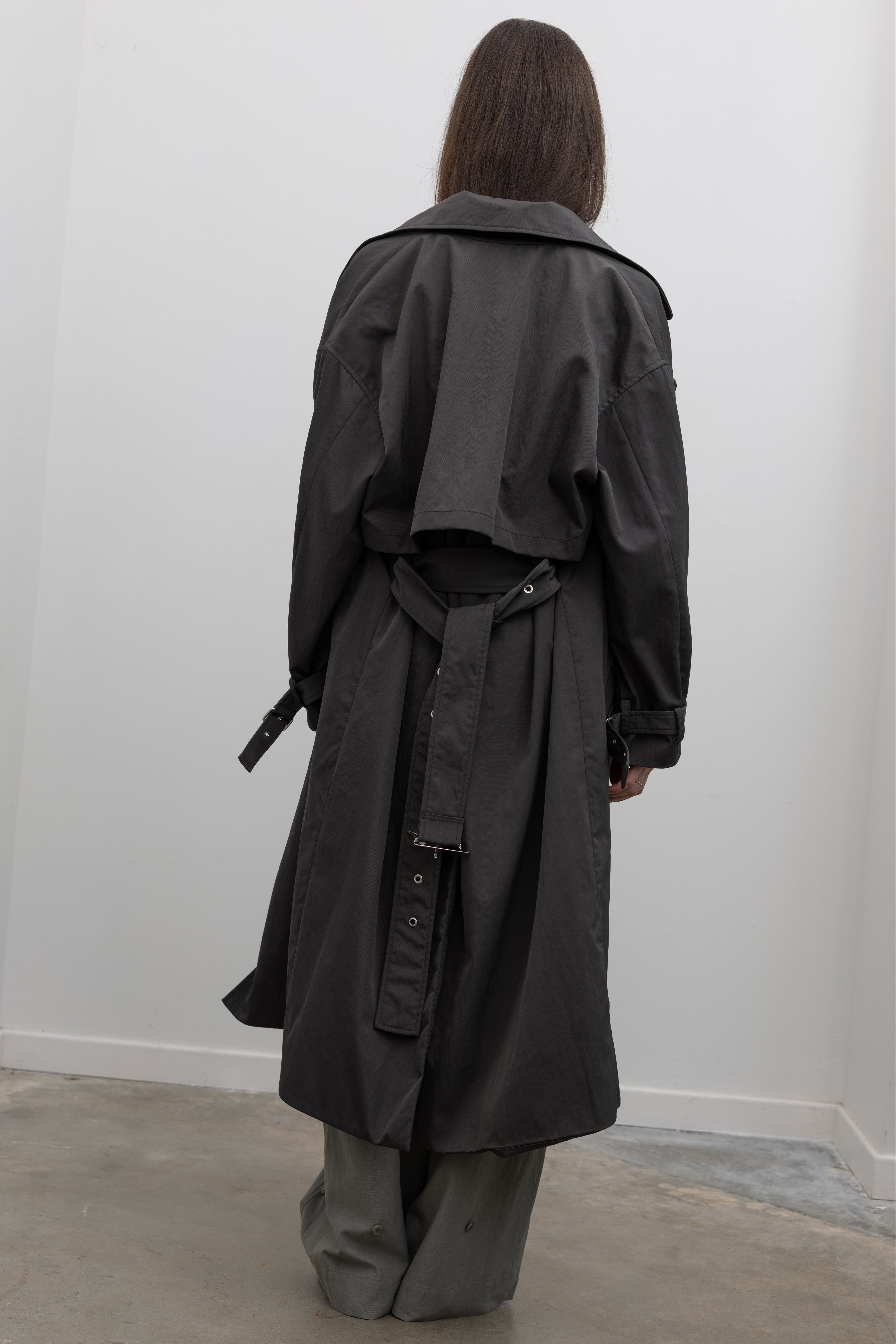 Charcoal Nylon Oversized Trench
