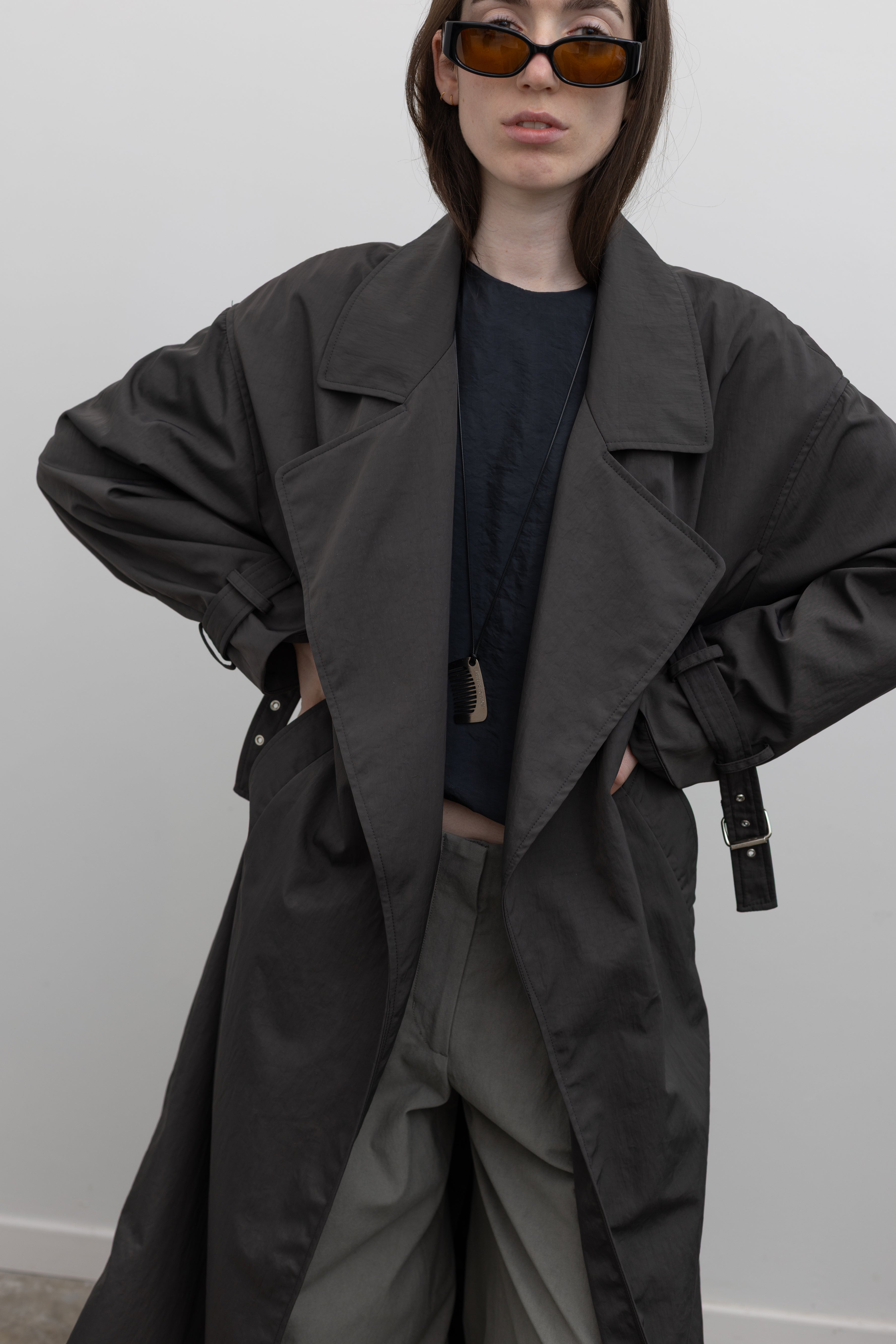 Charcoal Nylon Oversized Trench