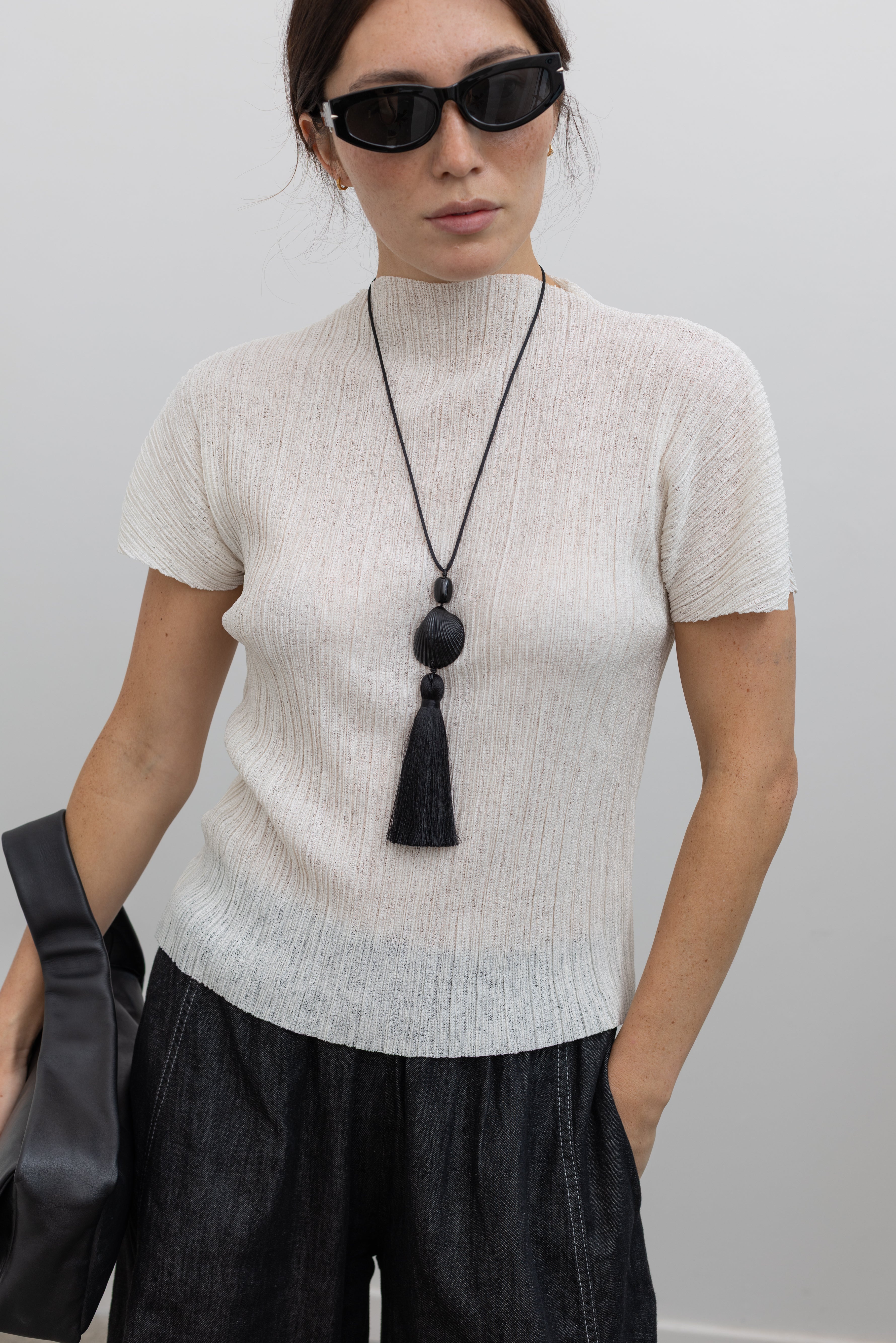 Ivory Mock Neck Pleated Top