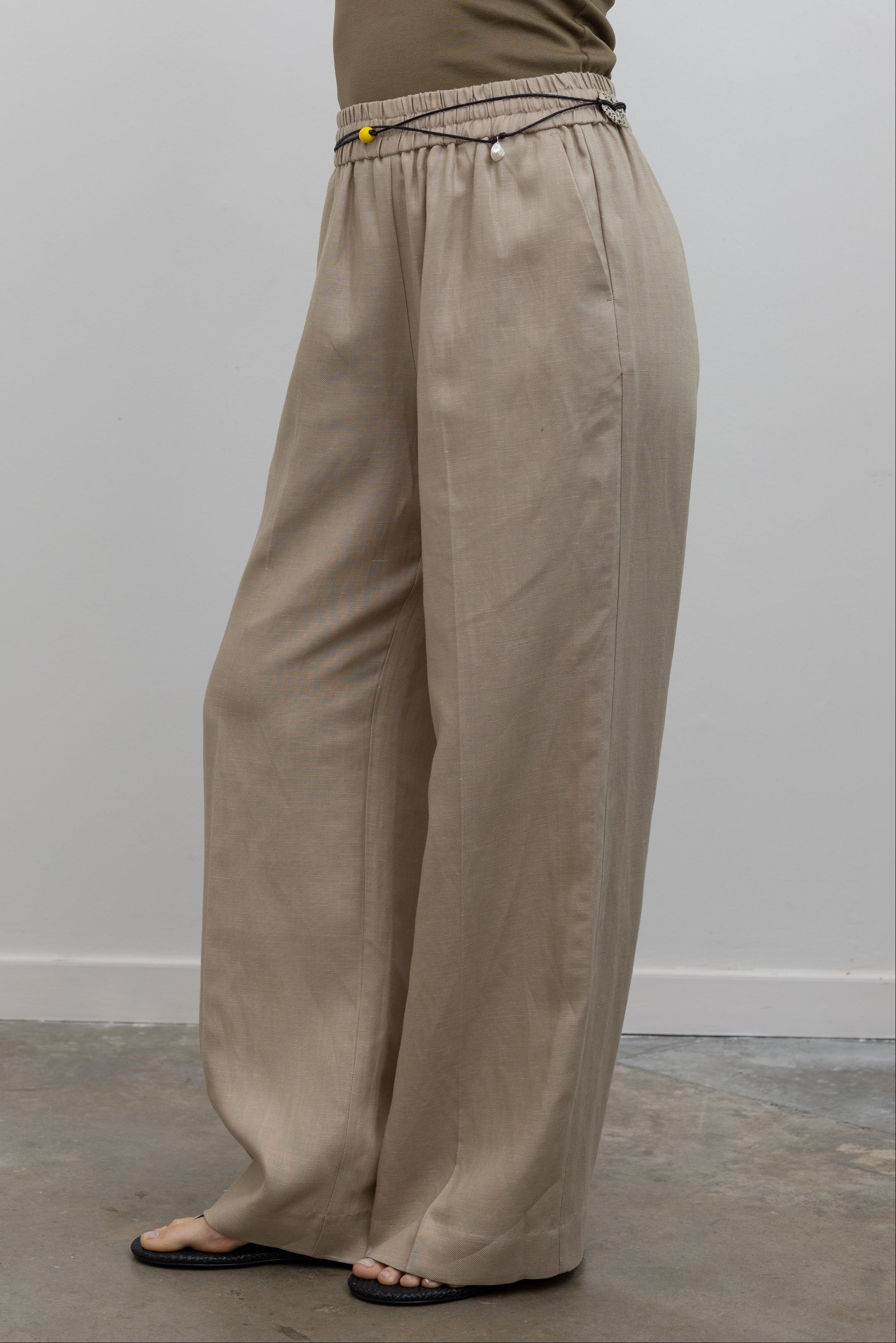 Beige Linen Drawstring Trousers