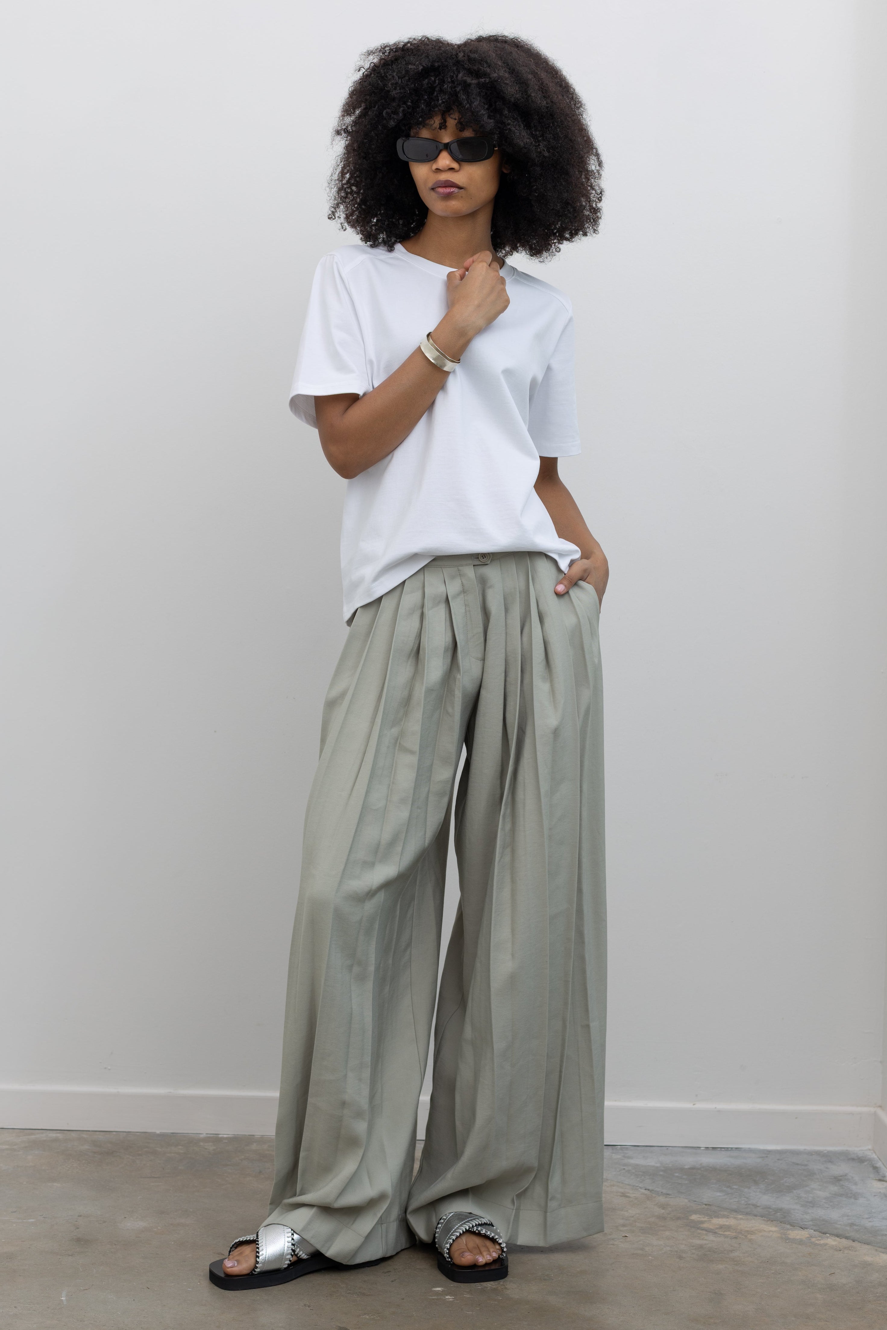 Khaki Beige Pleated Pintuck Wide Leg Trousers