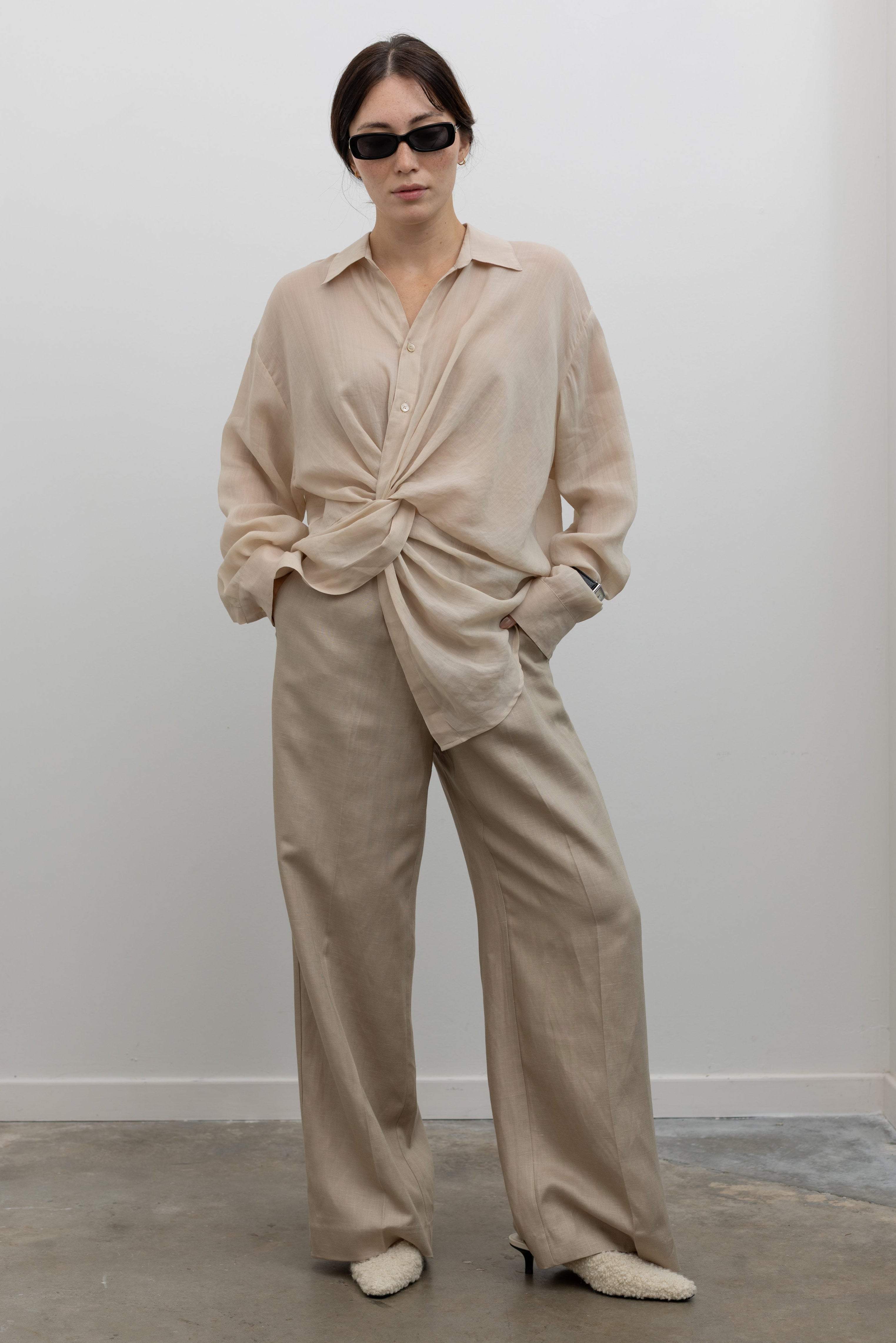 Beige Linen Drawstring Trousers