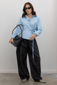 Sky Blue Cotton Side Tie Button Down Top