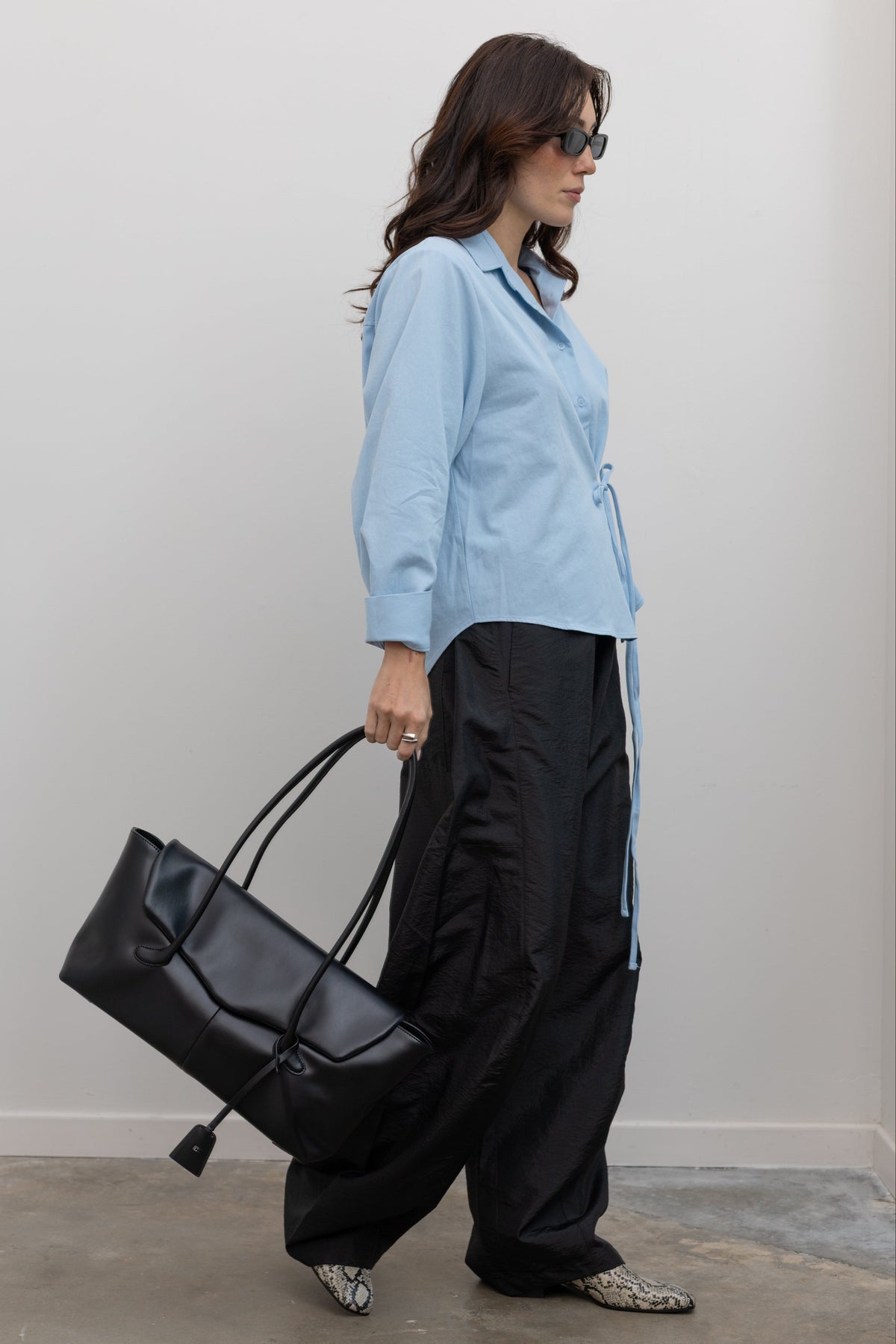 Sky Blue Cotton Side Tie Button Down Top