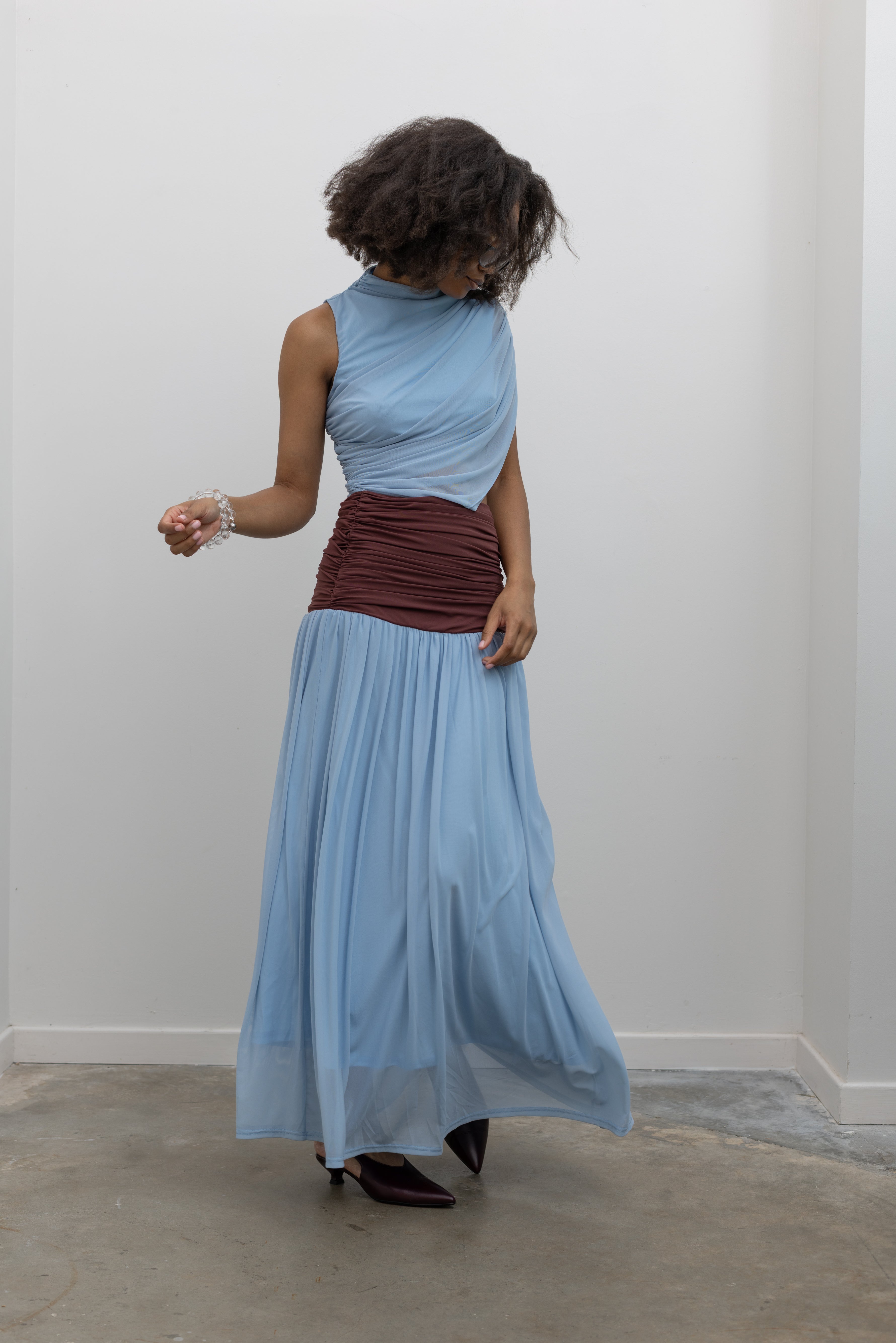 Blue Mesh And Burgundy Maxi Dress