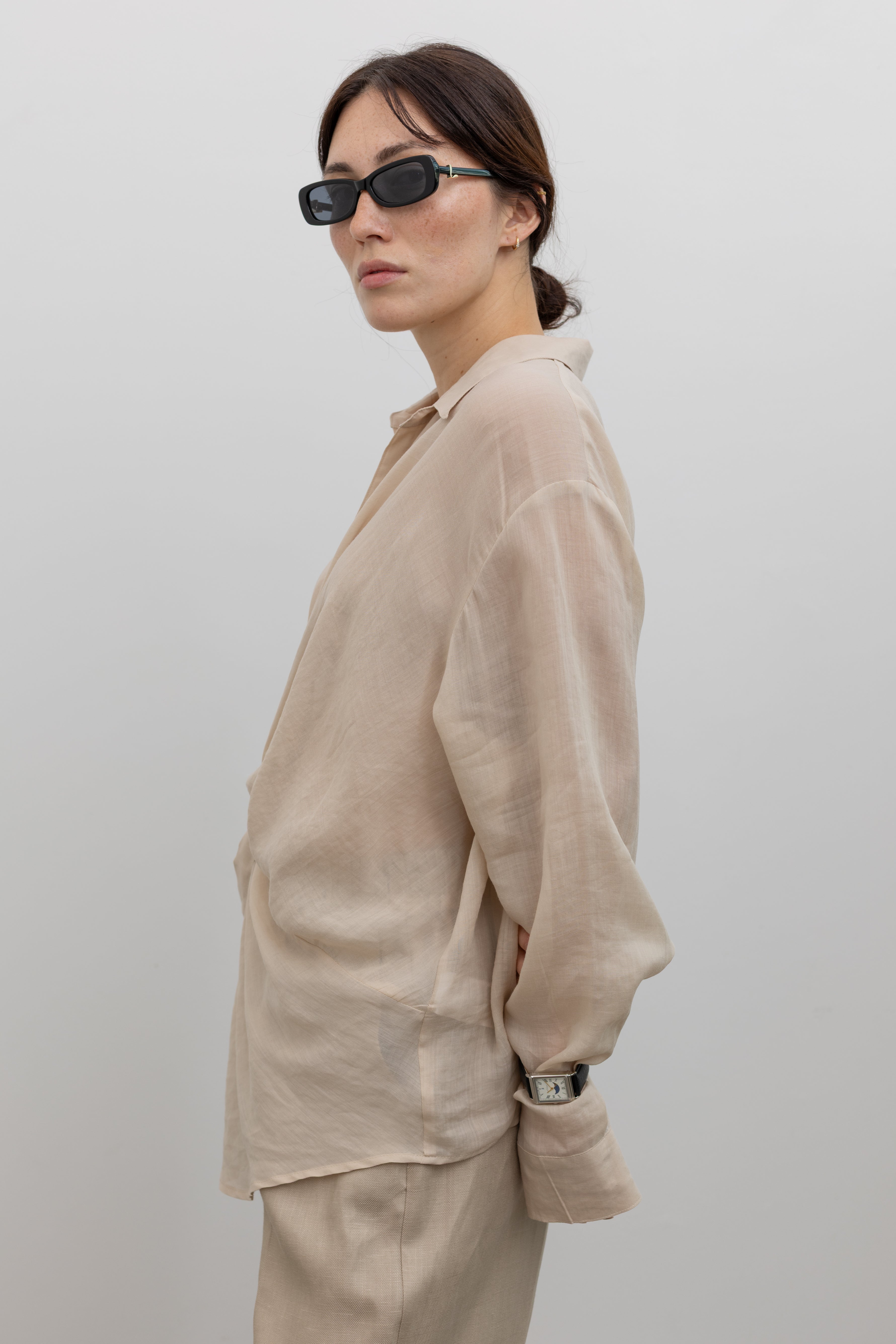 Beige Drape Knot Linen Shirt