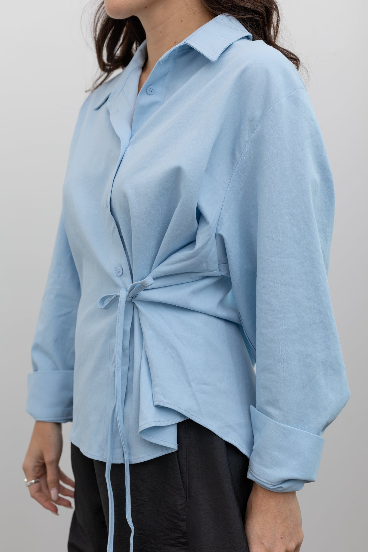 Sky Blue Cotton Side Tie Button Down Top