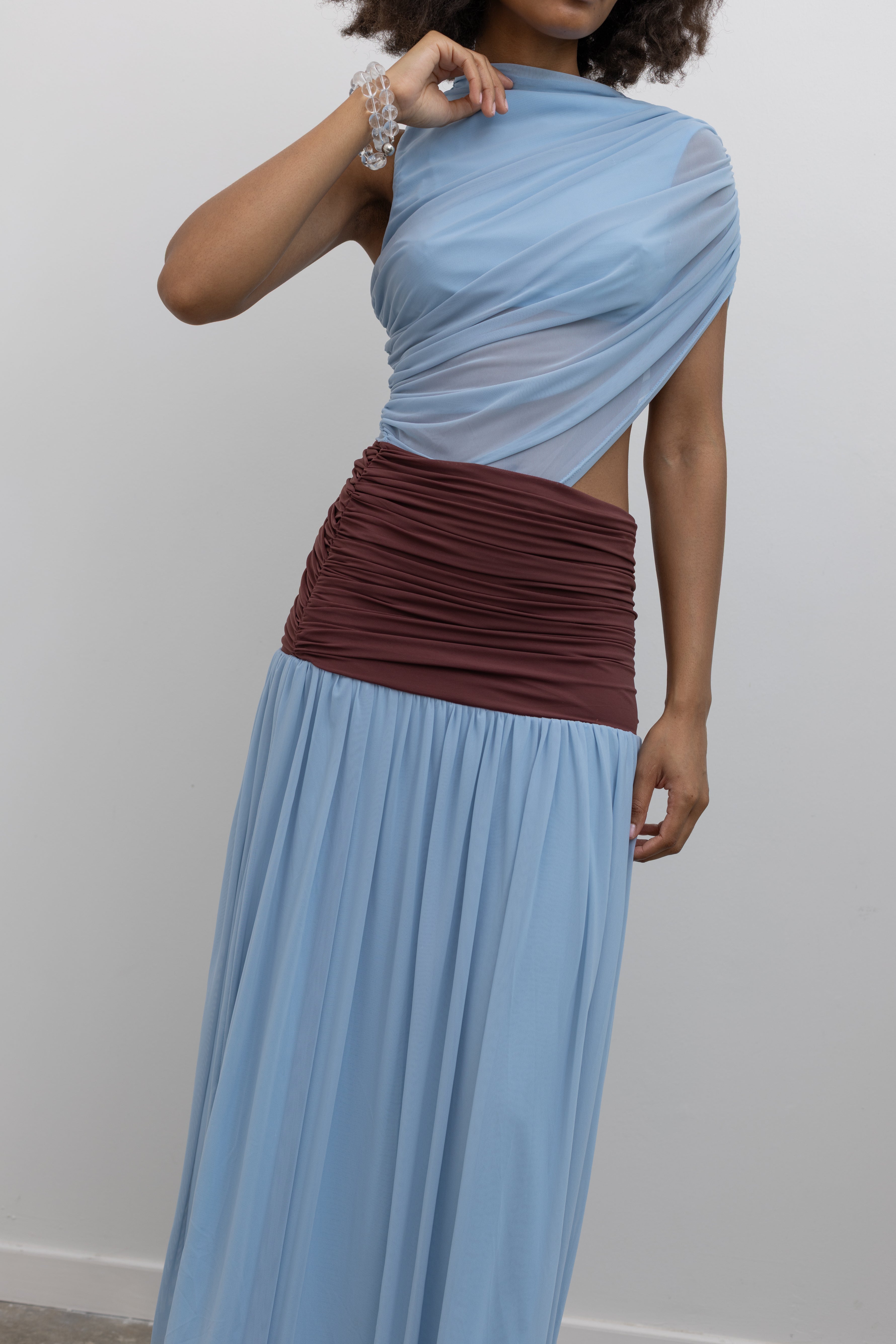 Blue Mesh And Burgundy Maxi Dress