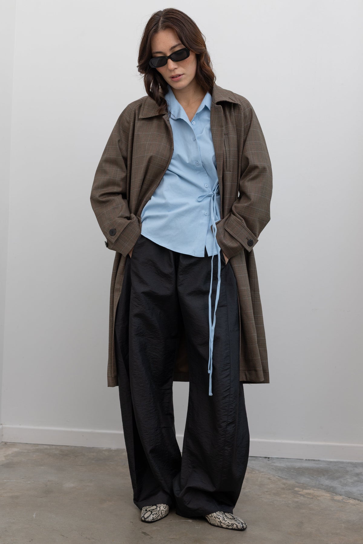 Brown Plaid Wool Blend Trench Coat