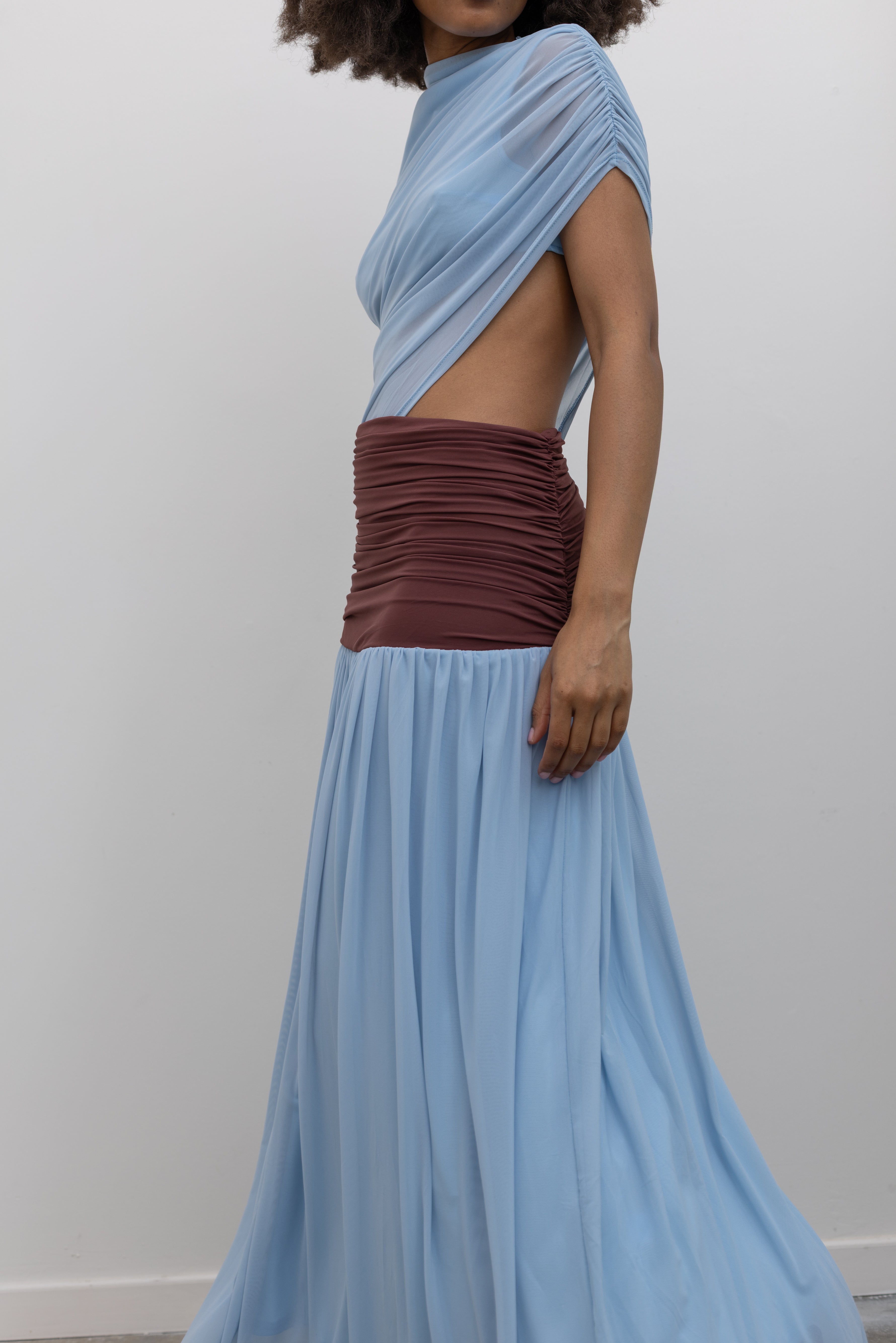 Blue Mesh And Burgundy Maxi Dress