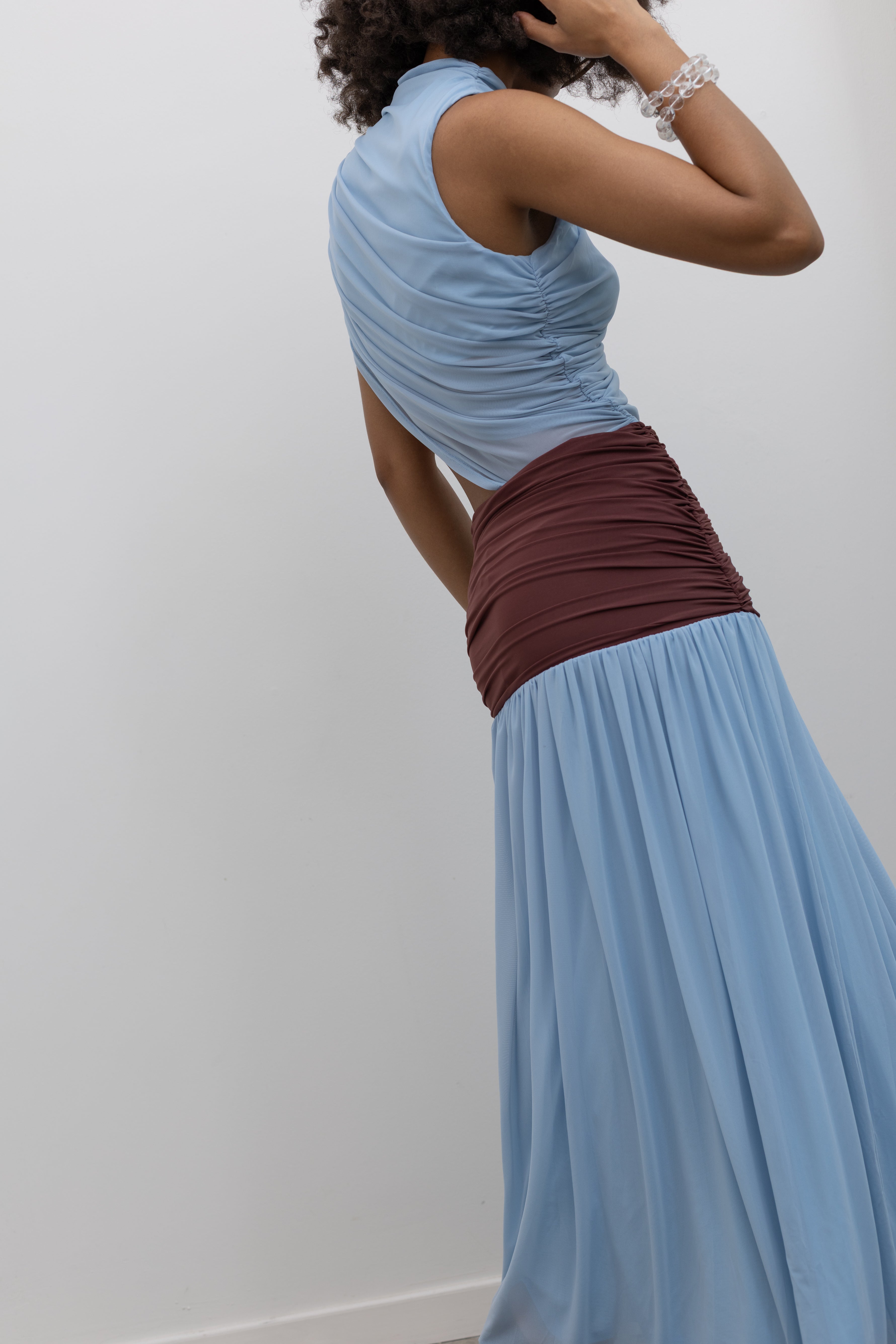 Blue Mesh And Burgundy Maxi Dress