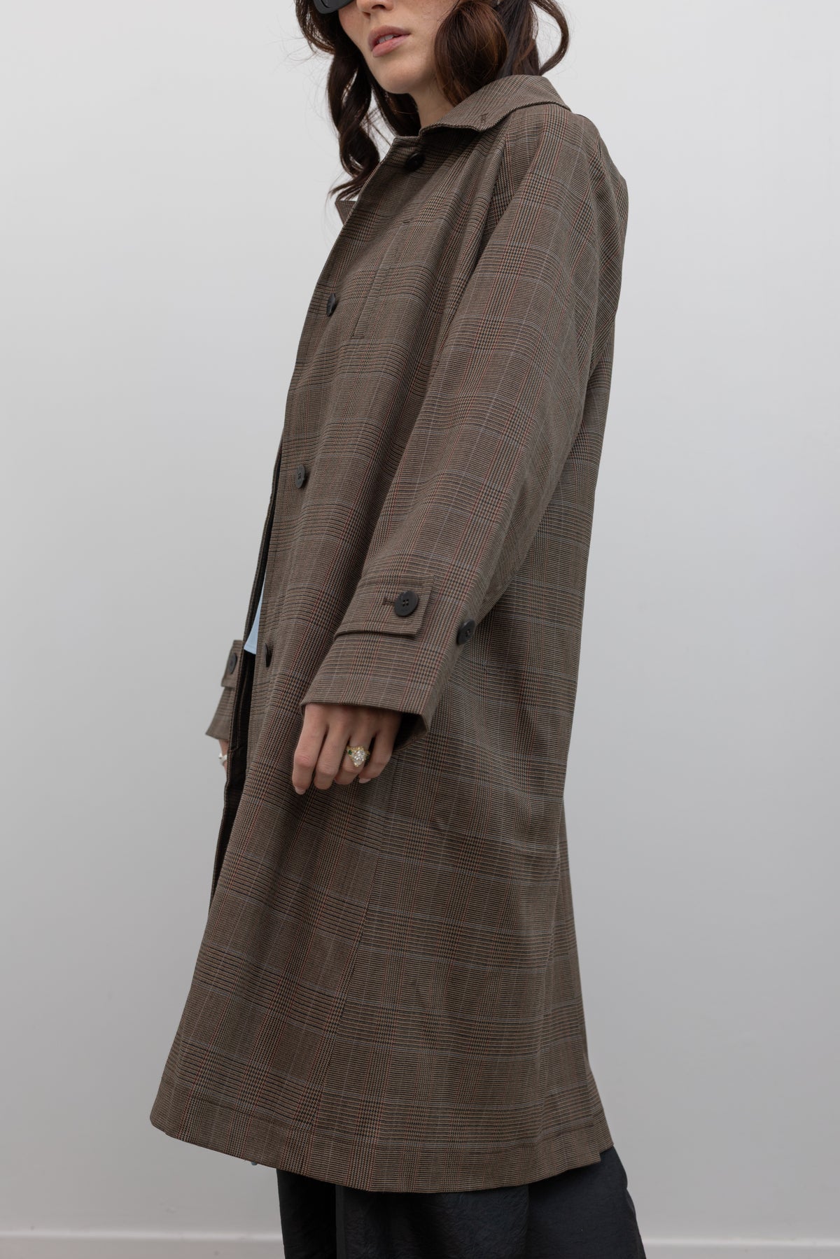 Brown Plaid Wool Blend Trench Coat