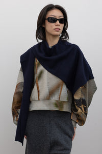 Navy Wool Blend Knit Shawl