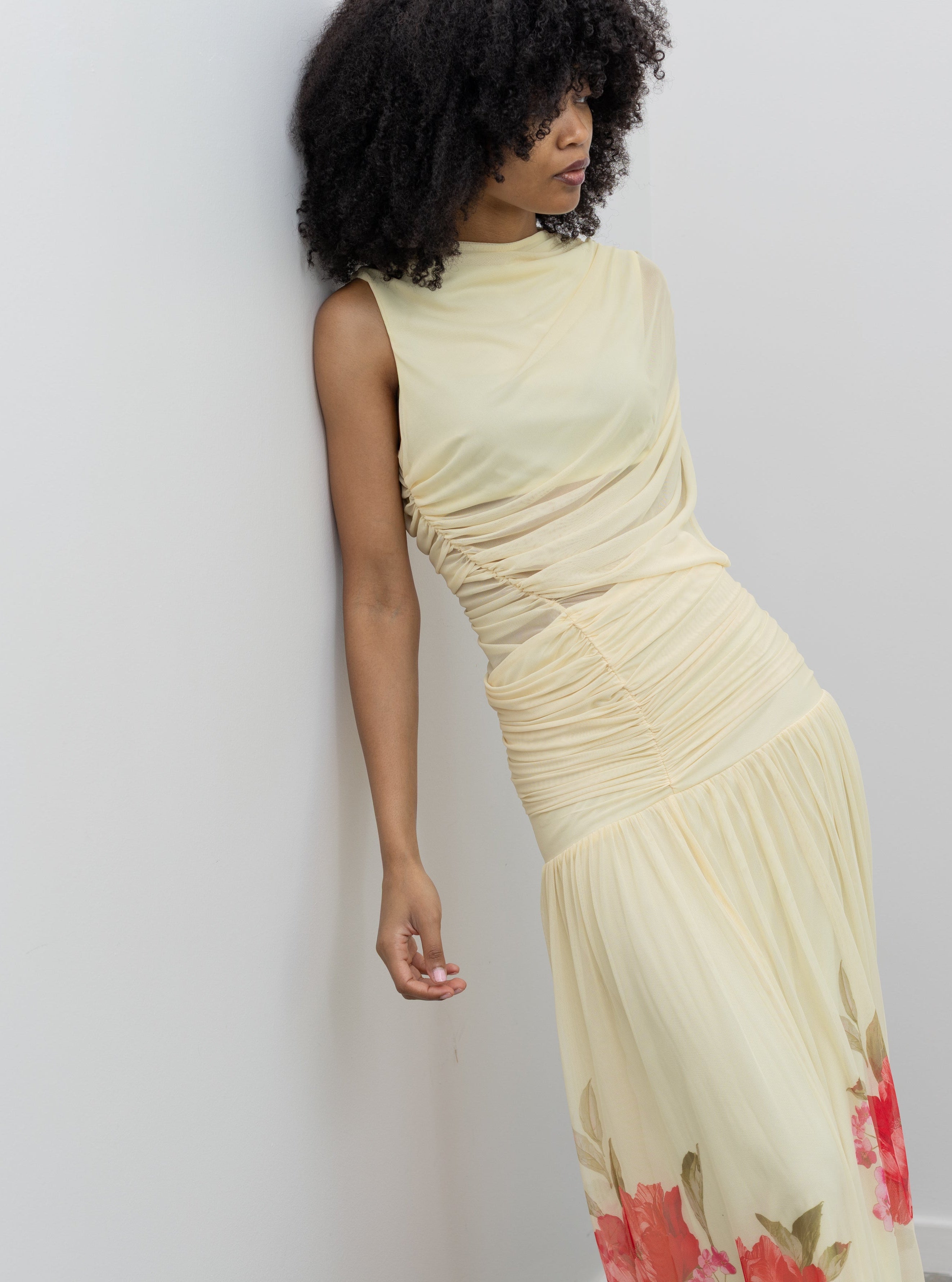 Lemon Floral Hem Draped Maxi Dress L