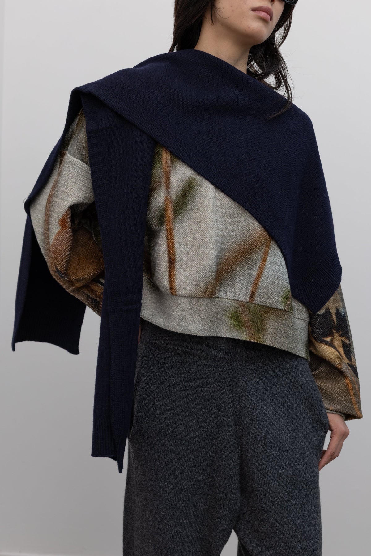 Navy Wool Blend Knit Shawl