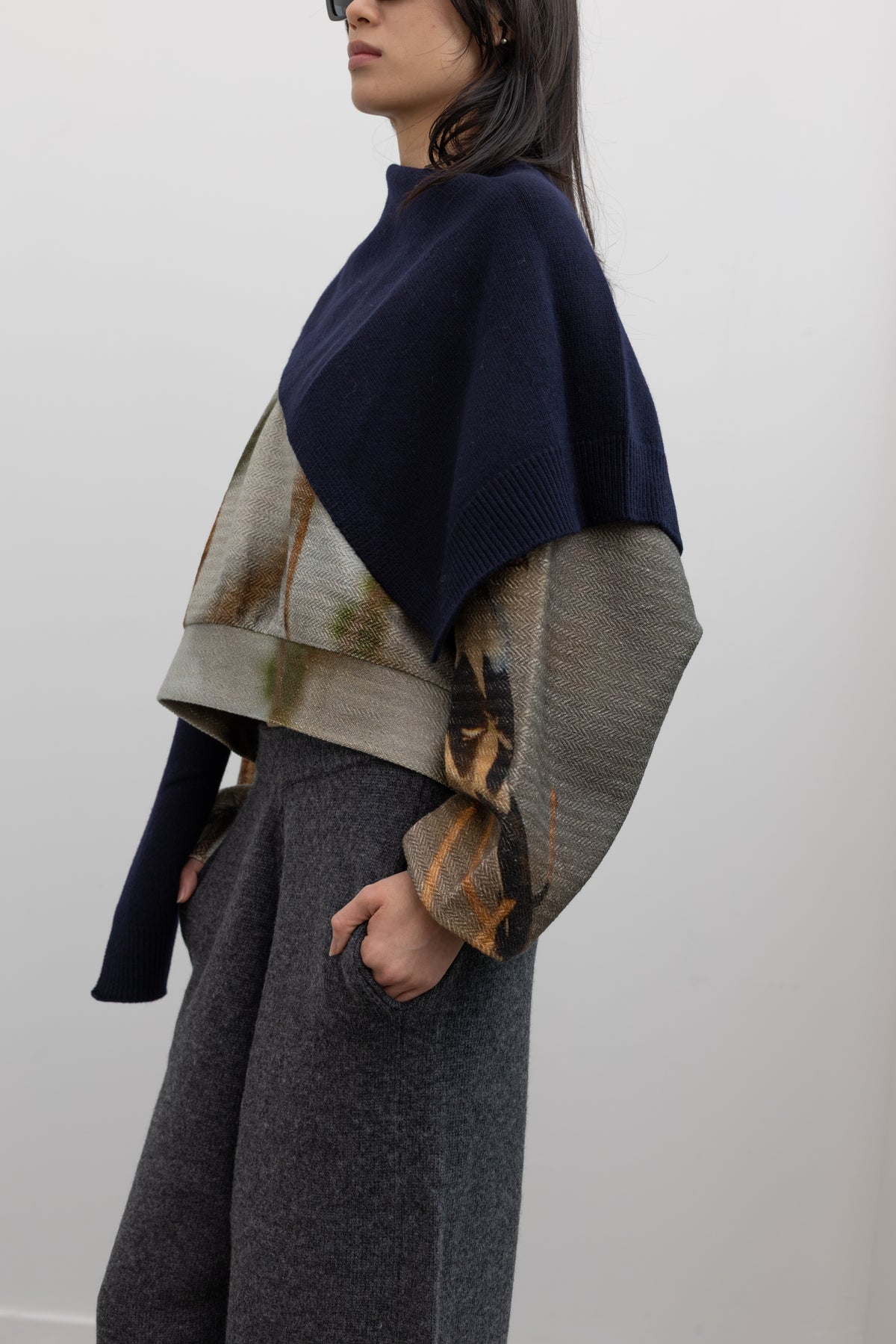 Navy Wool Blend Knit Shawl