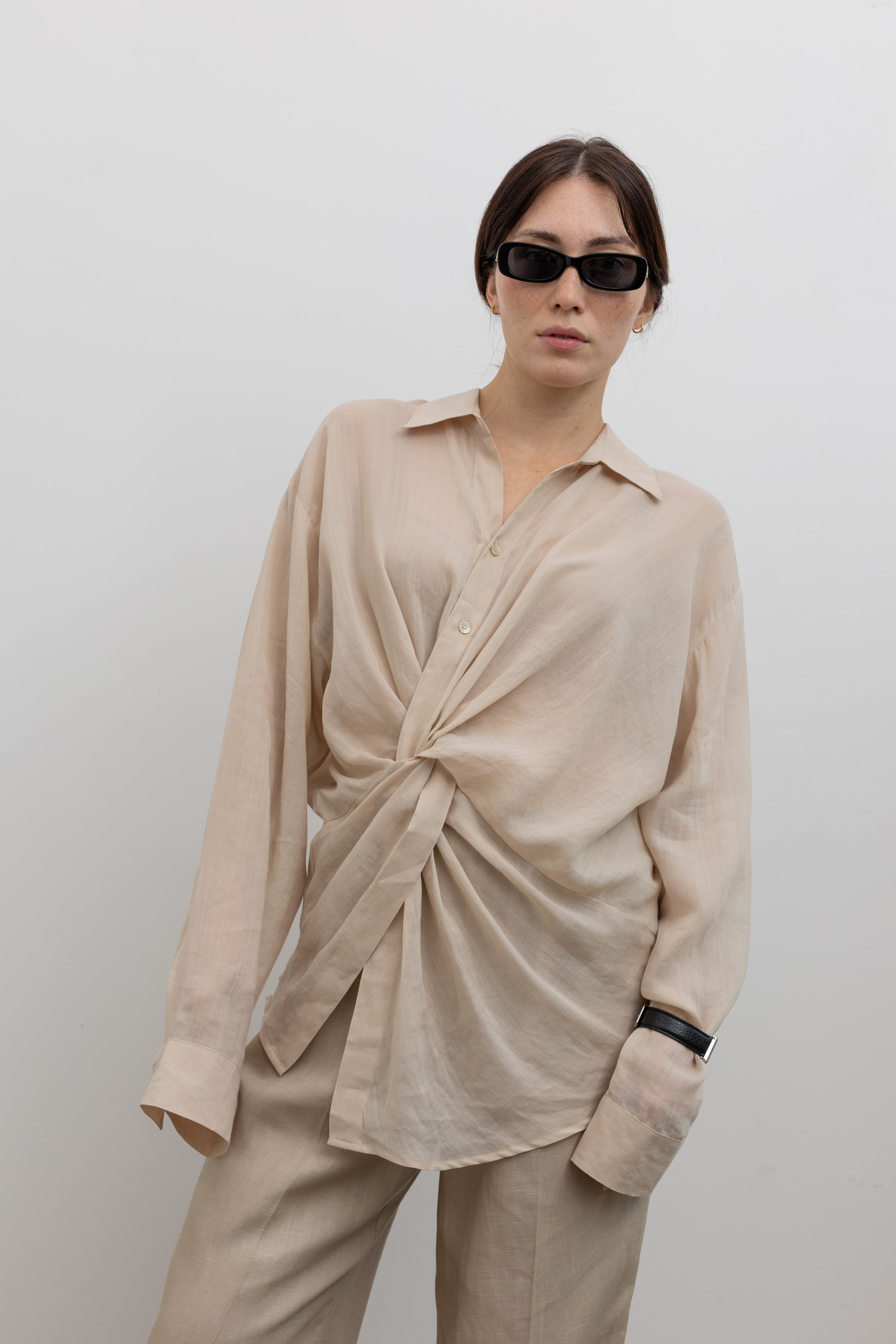 Beige Drape Knot Linen Shirt
