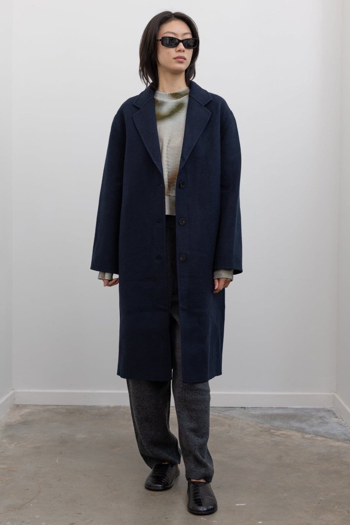Navy Single-Breasted Handmade Wool Coat