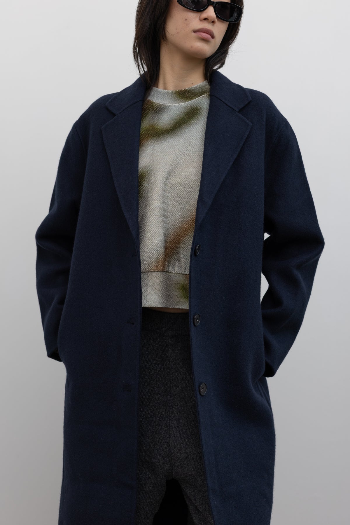 Navy Single-Breasted Handmade Wool Coat