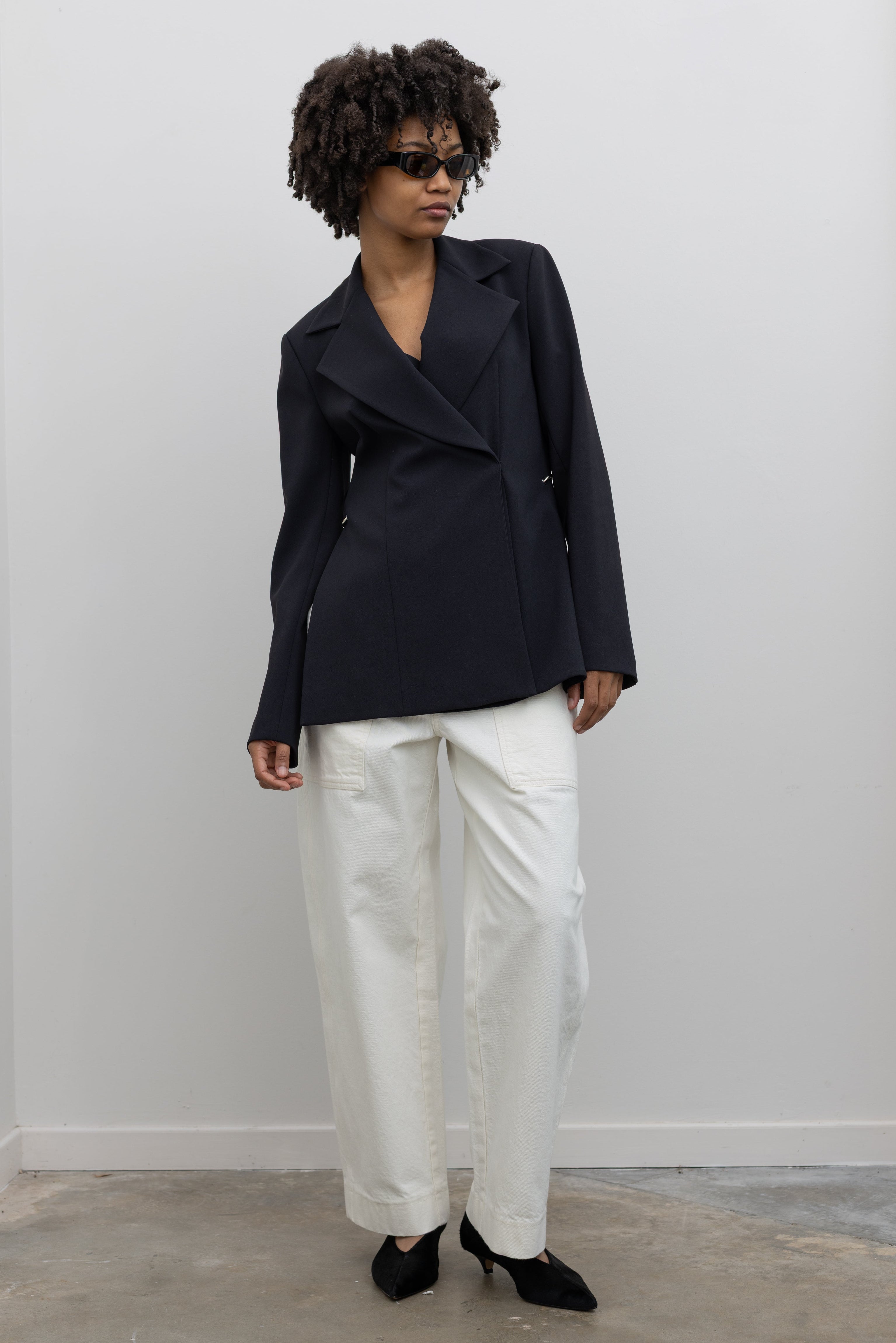Black Crepe Double Breasted Jacket with Side Slits