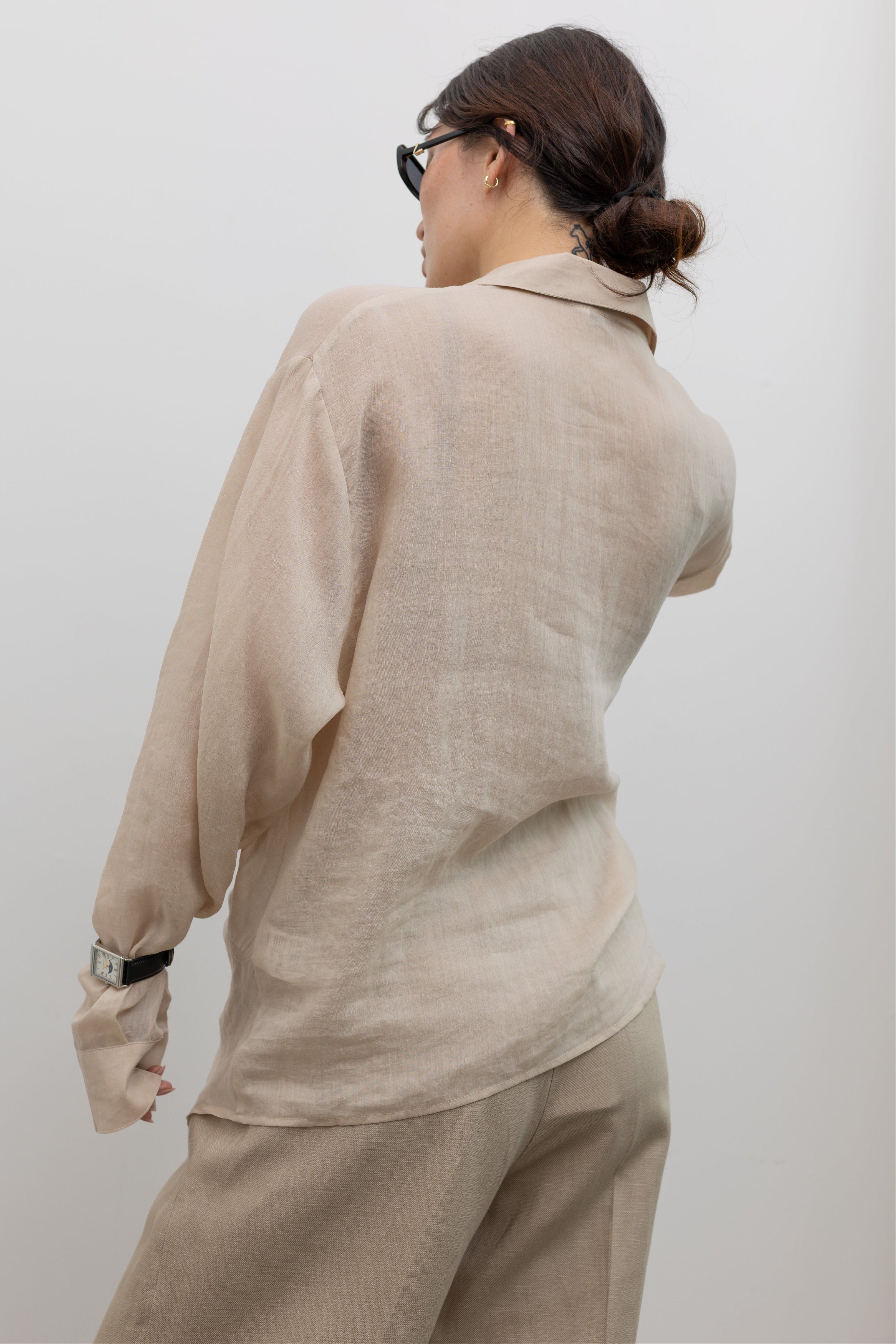 Beige Drape Knot Linen Shirt