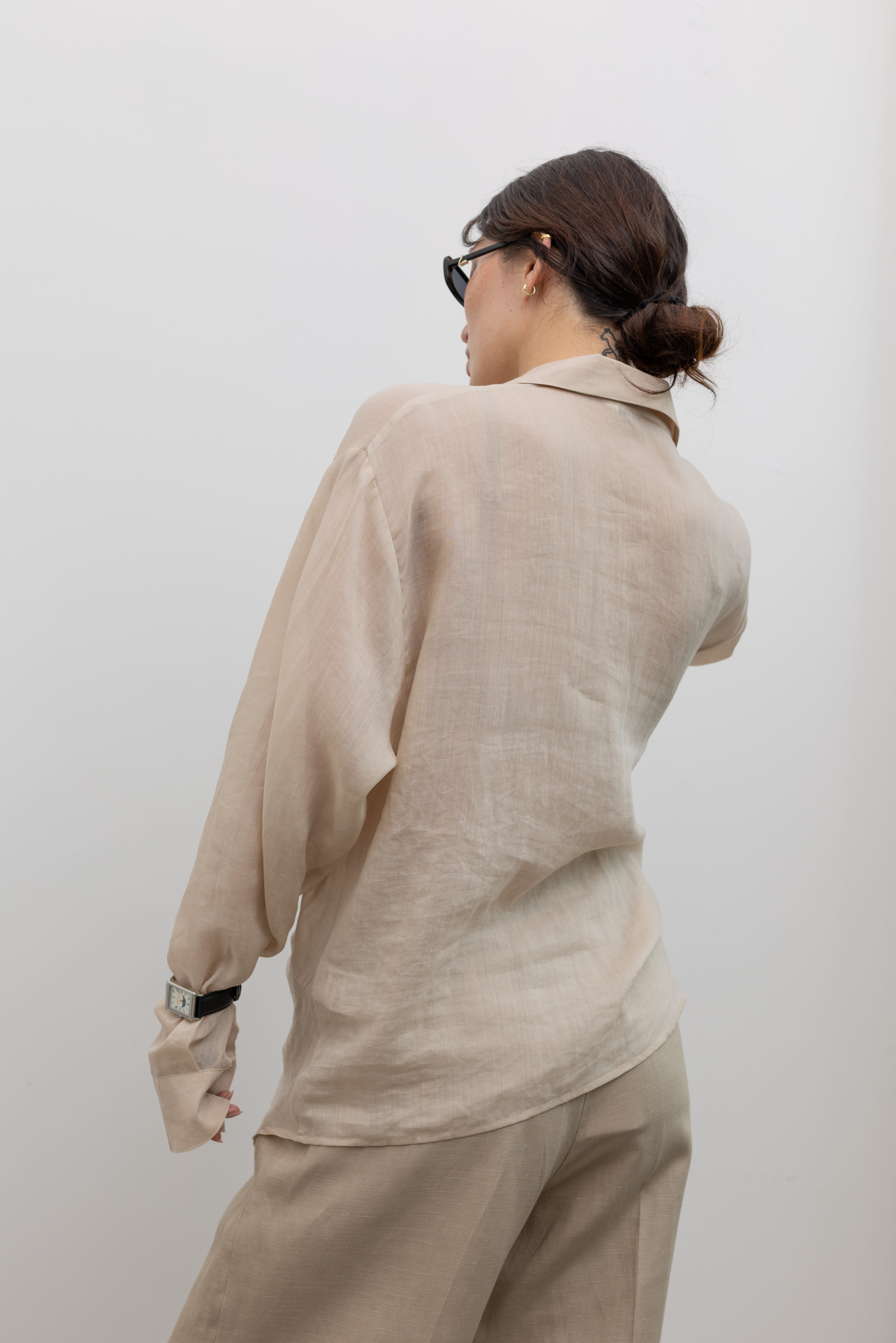 Beige Drape Knot Linen Shirt