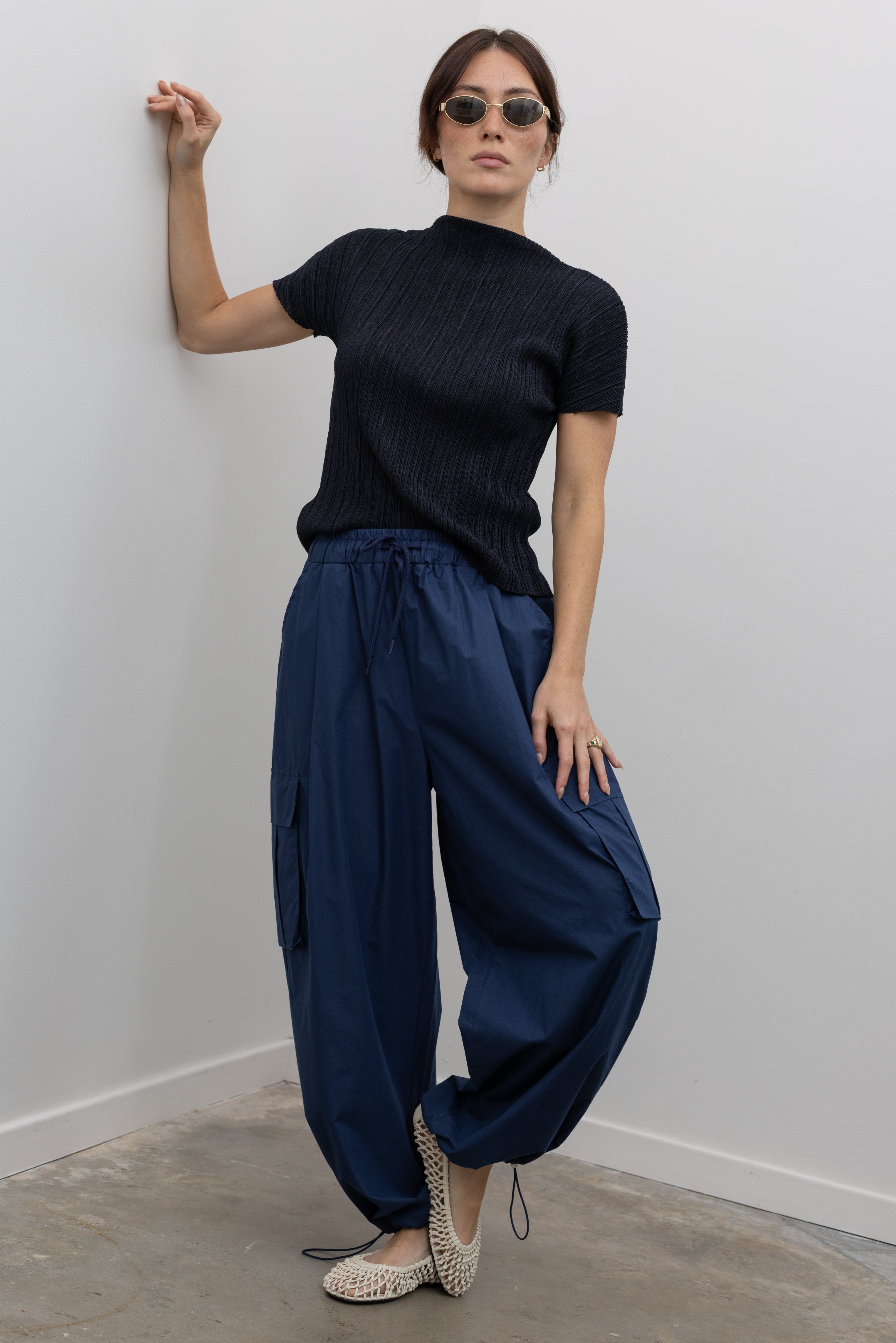 Midnight Mock Neck Pleated Top