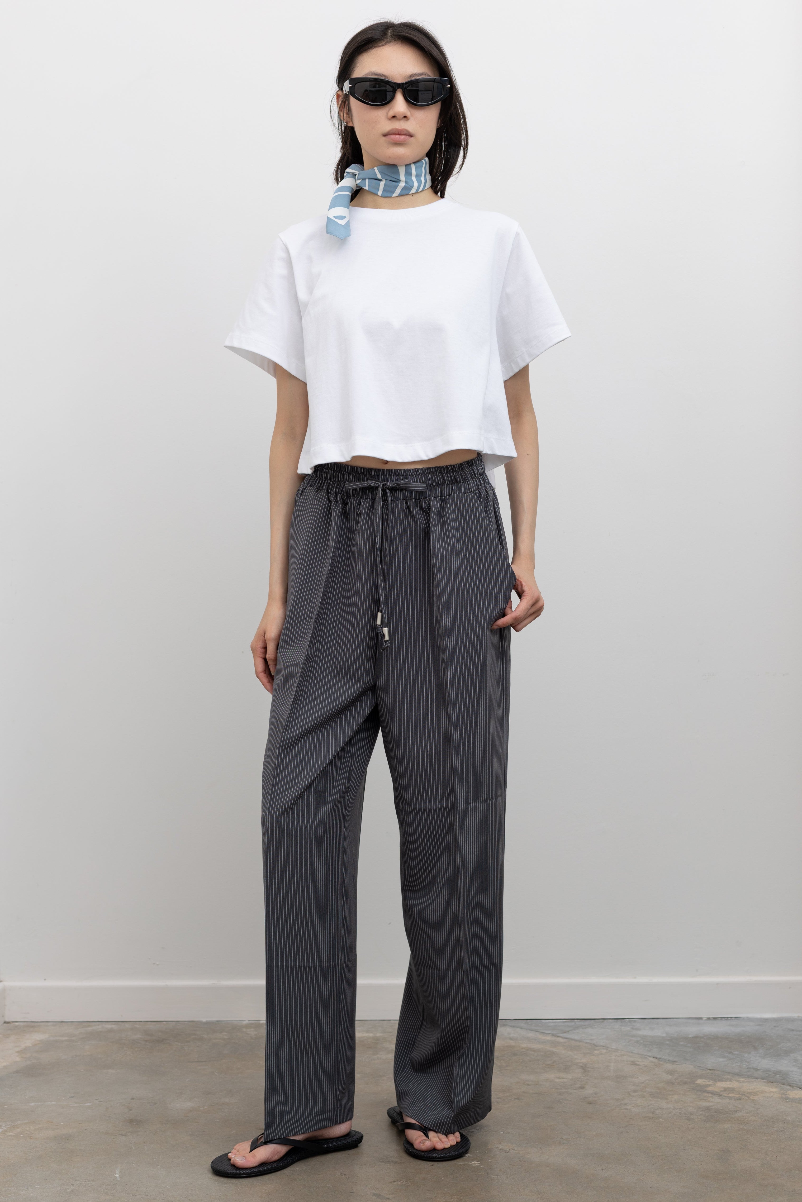 Charcoal Pinstripe Wide Leg Drawstring Pants